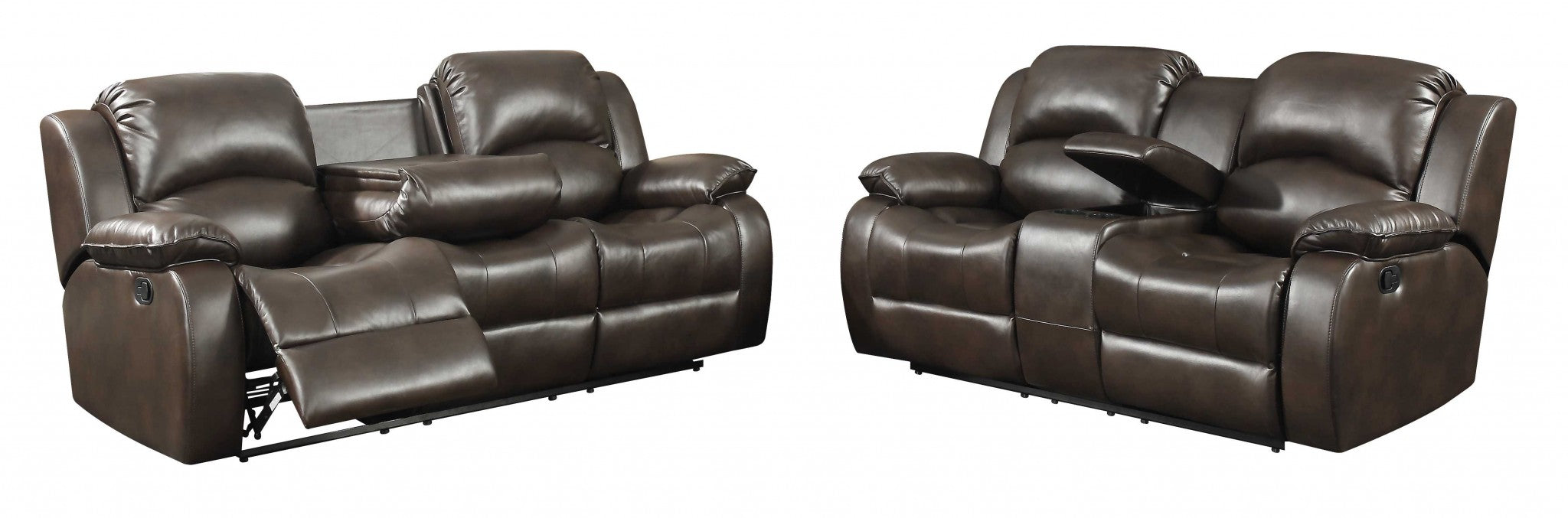 Dark Brown Leather Gel Reclining Loveseat with Storage Console and Cup Holders