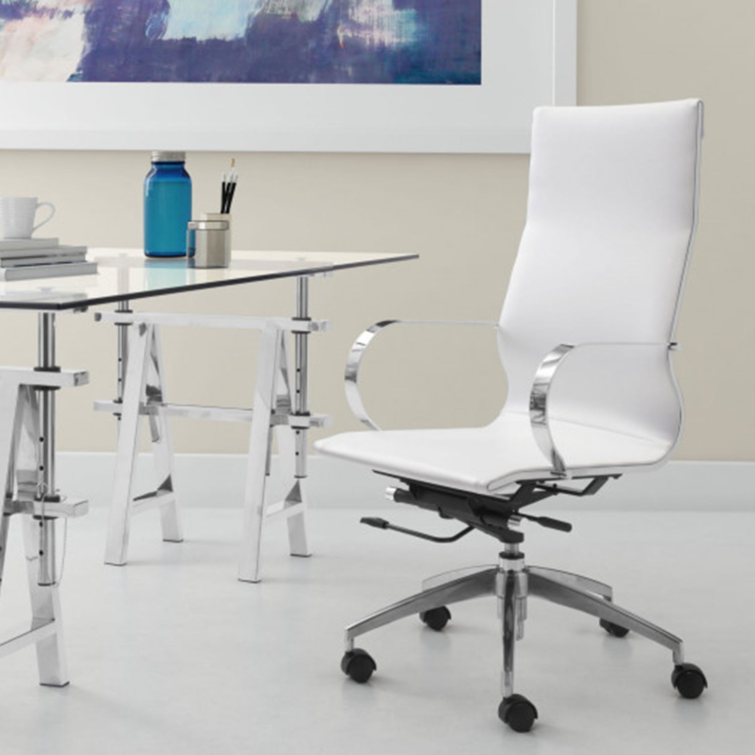 27.6" X 27.6" X 45.3" White Leatherette Back Office Chair