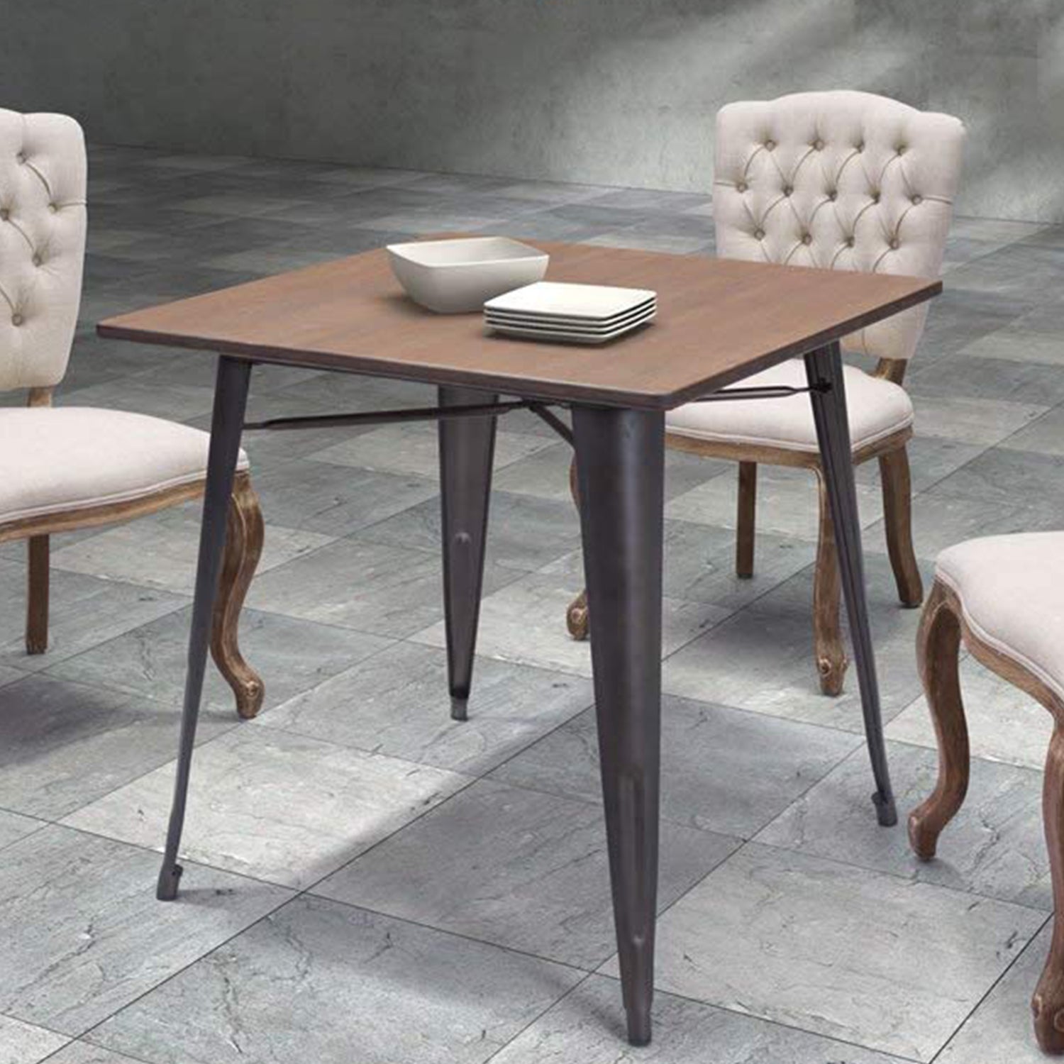 Sleek Square Dining Table with Faux Rusty Steel Legs