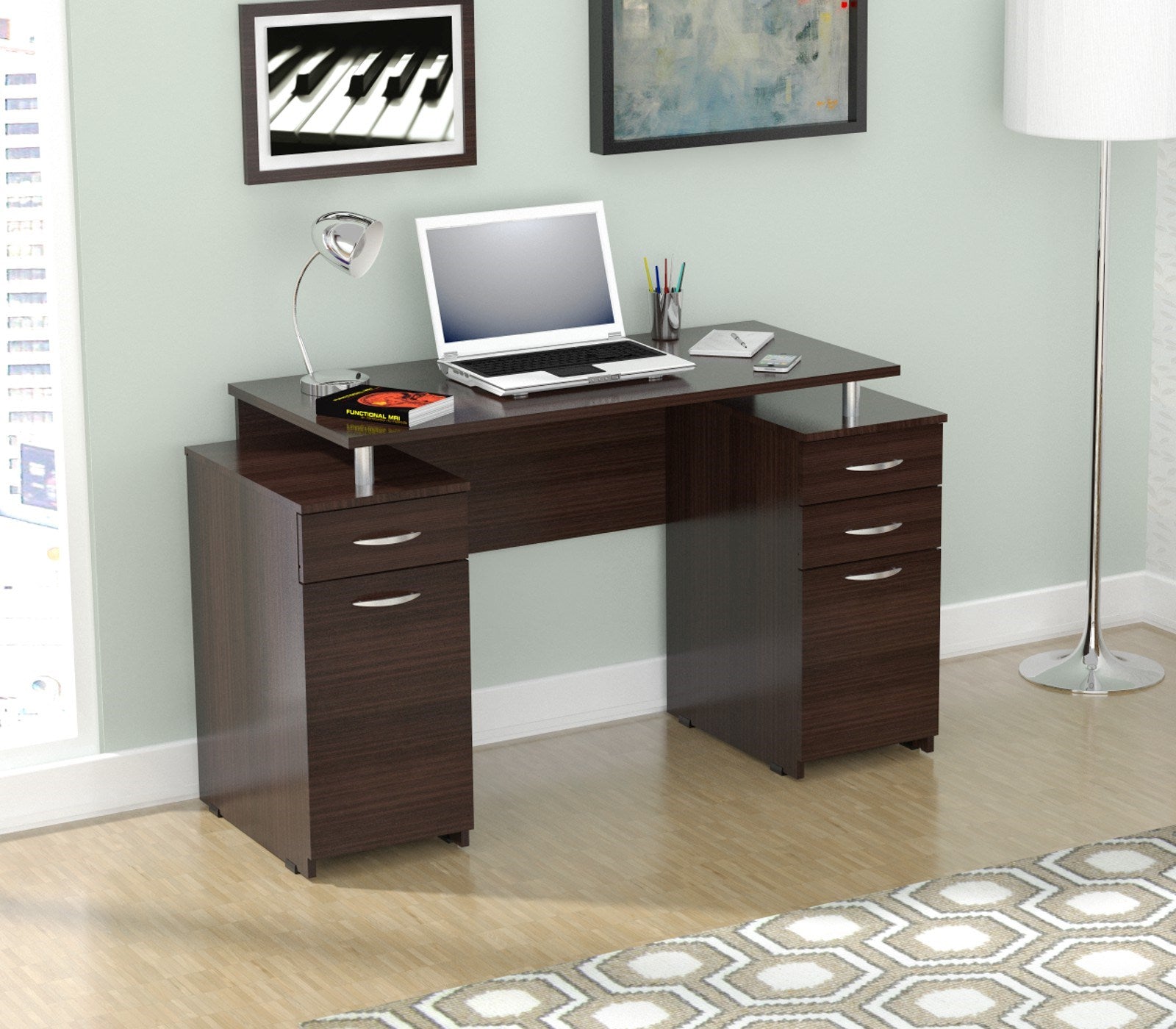 30" Espresso Melamine and Engineered Wood Computer Desk with 4 Drawers