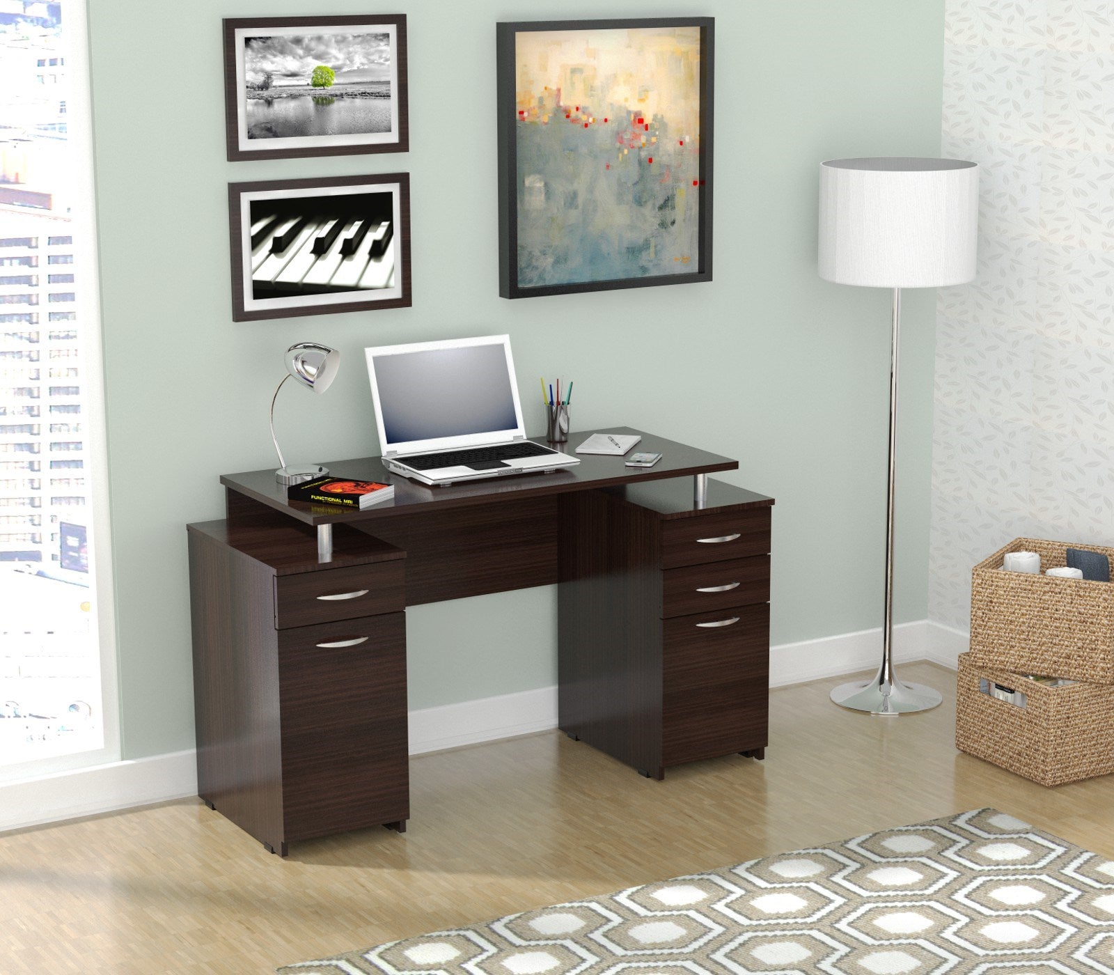 30" Espresso Melamine and Engineered Wood Computer Desk with 4 Drawers
