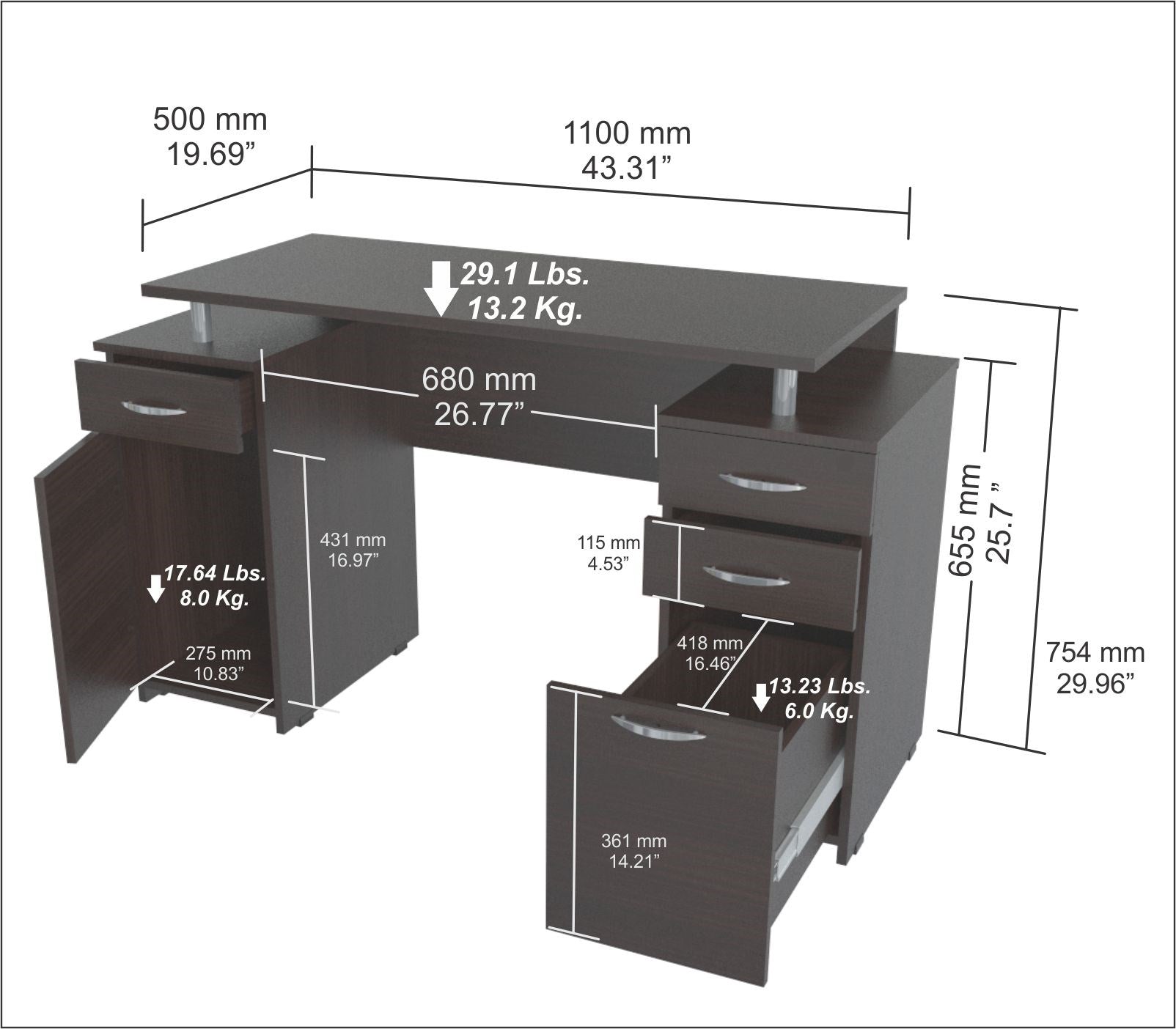 30" Espresso Melamine and Engineered Wood Computer Desk with 4 Drawers