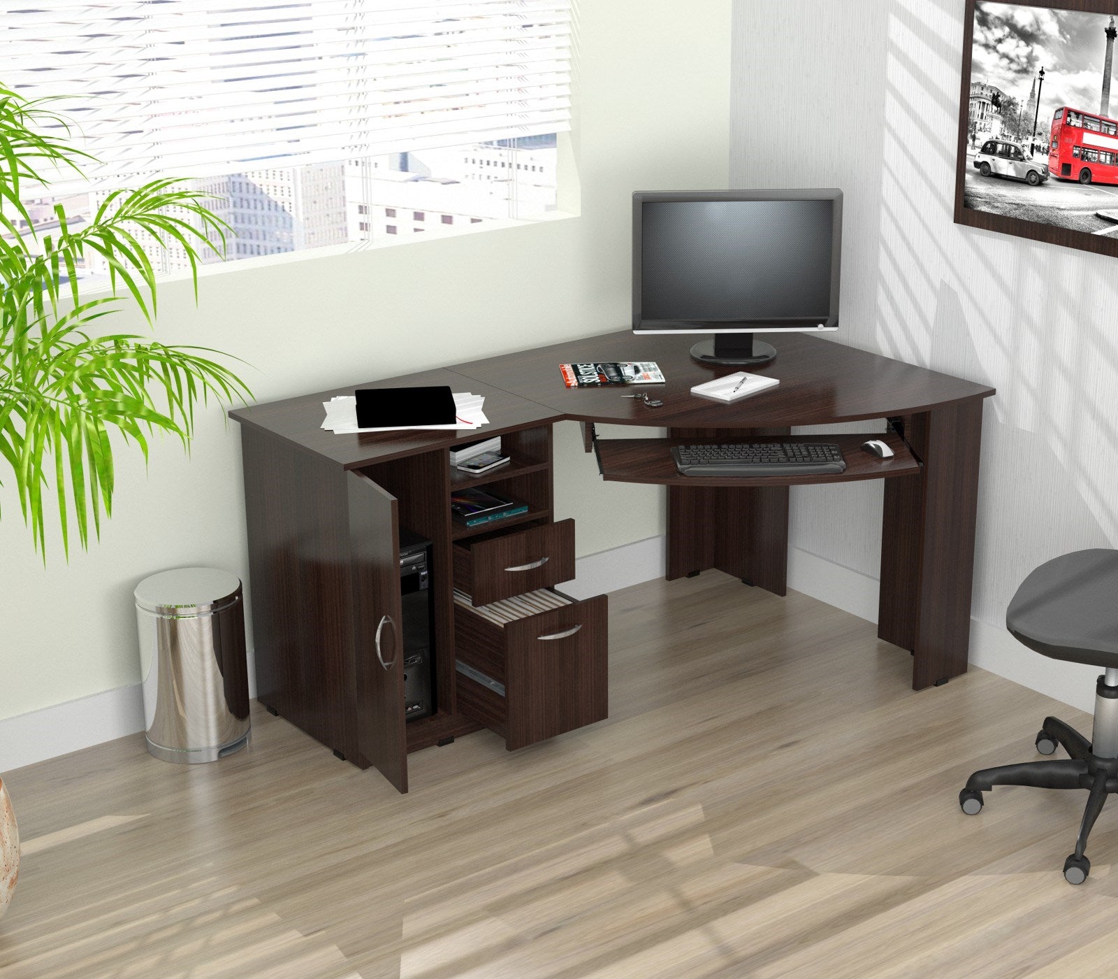 29.5" Espresso Melamine and Engineered Wood L Shaped Computer Work Center