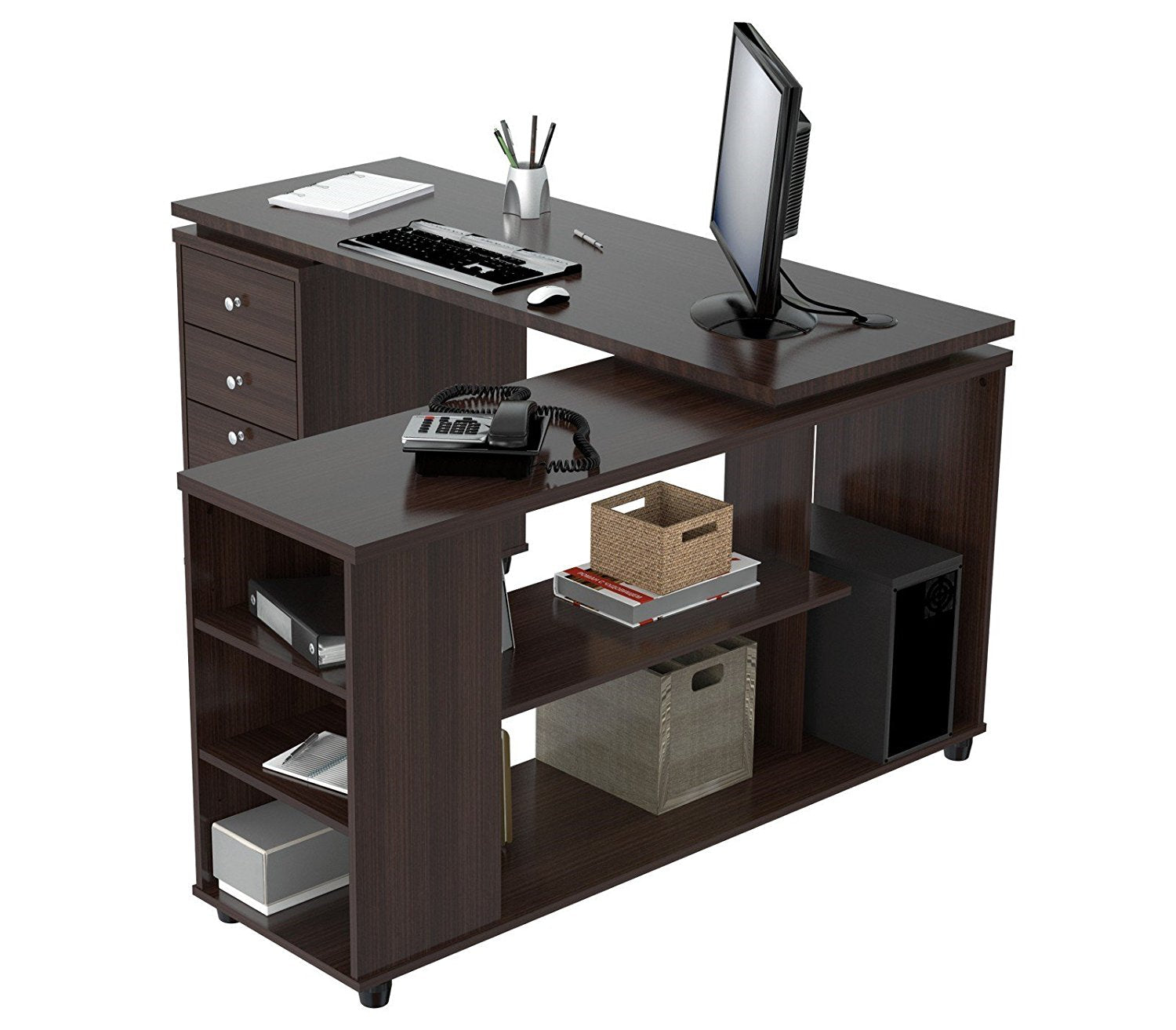 29.5" Espresso Melamine and Engineered Wood L Shaped Computer Desk