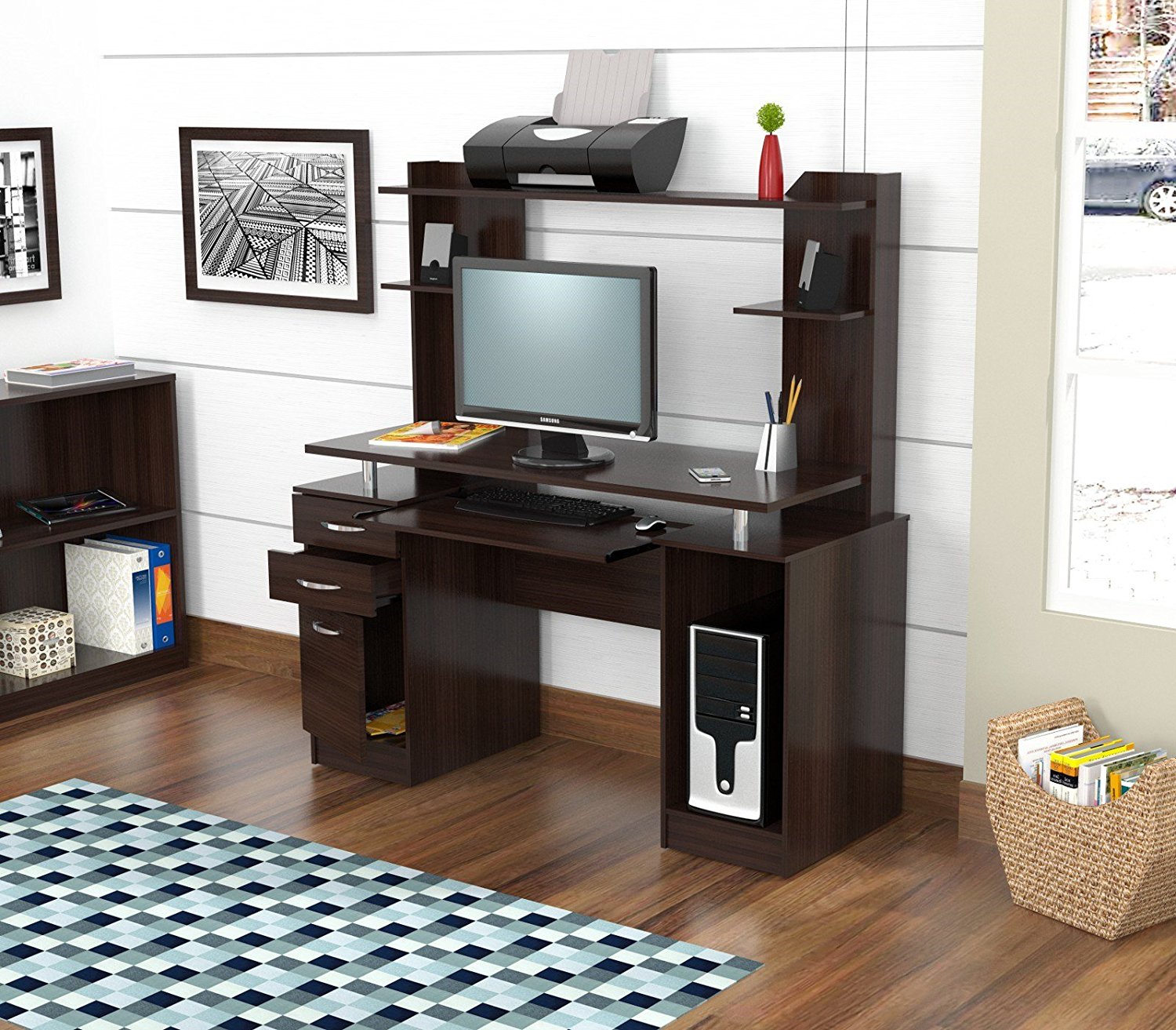 53.4" Espresso Melamine and Engineered Wood Computer Desk with Hutch