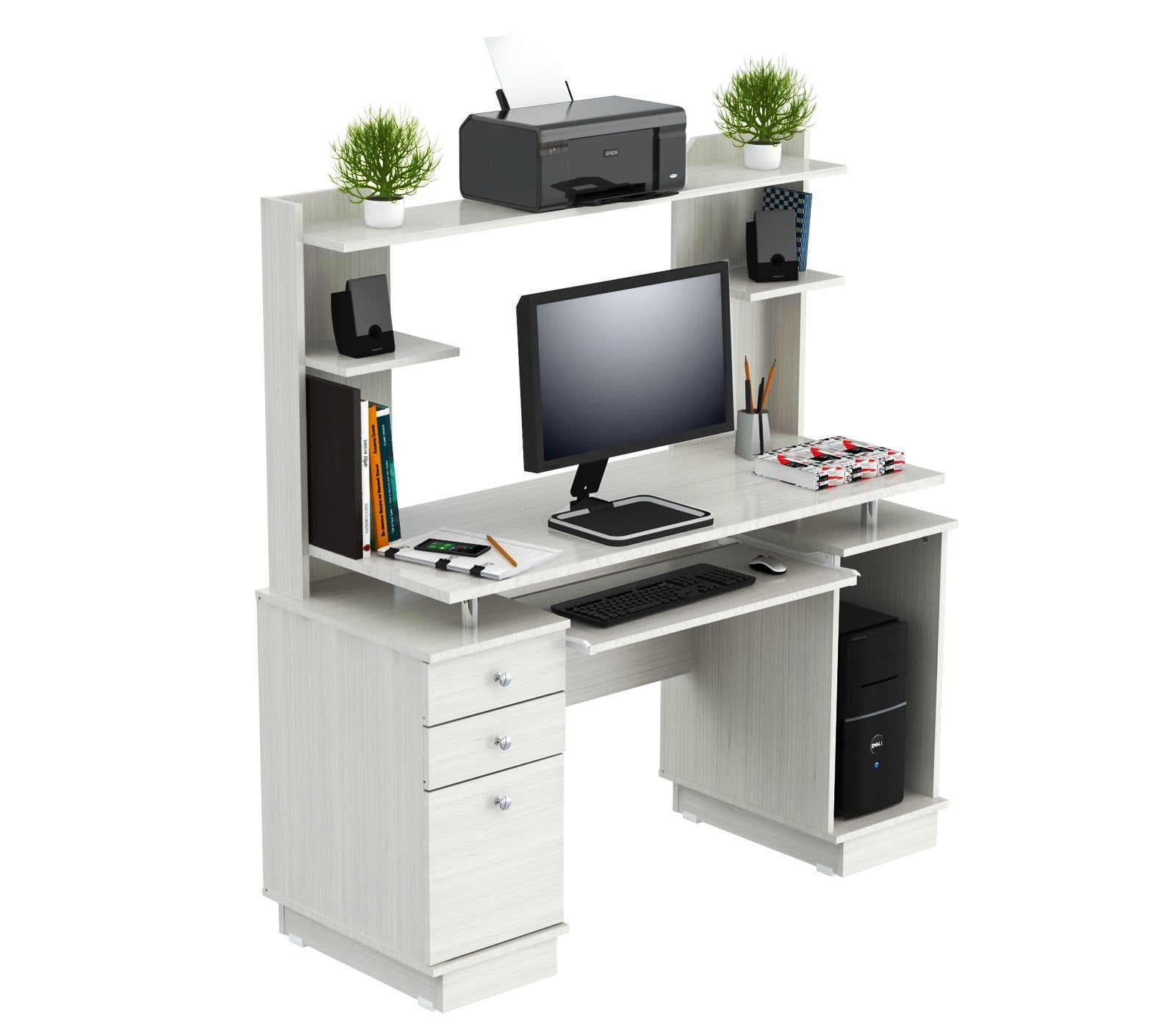 53.4" White Melamine and Engineered Wood Computer Desk with Hutch