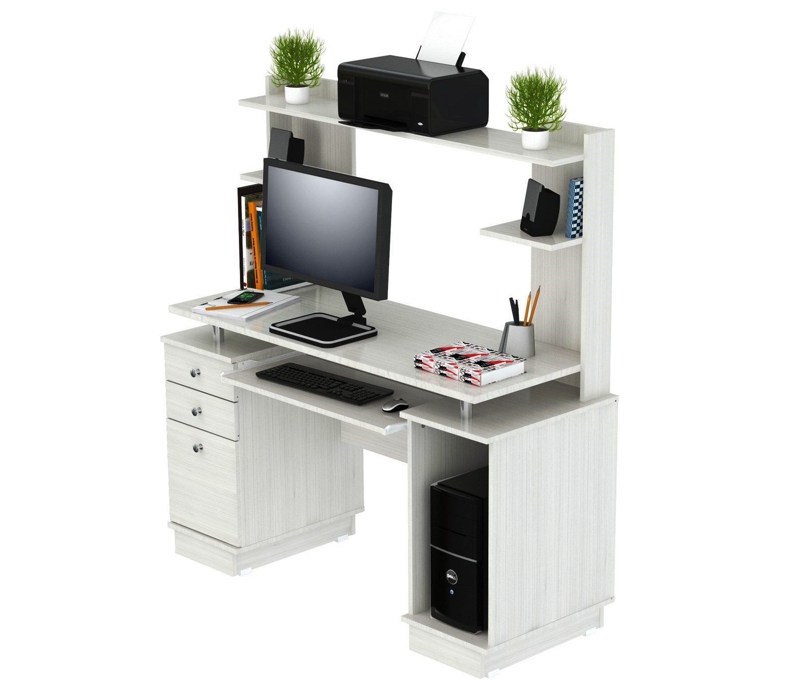 53.4" White Melamine and Engineered Wood Computer Desk with Hutch
