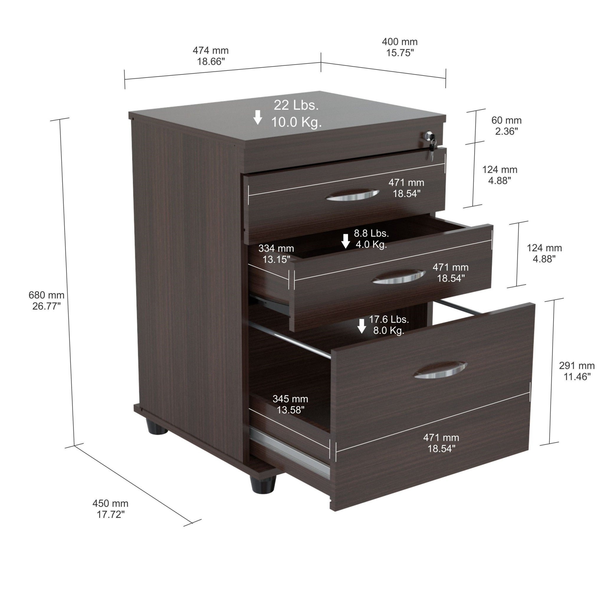 26.8" Espresso Melamine and Engineered Wood File Cabinet with 3 Drawers