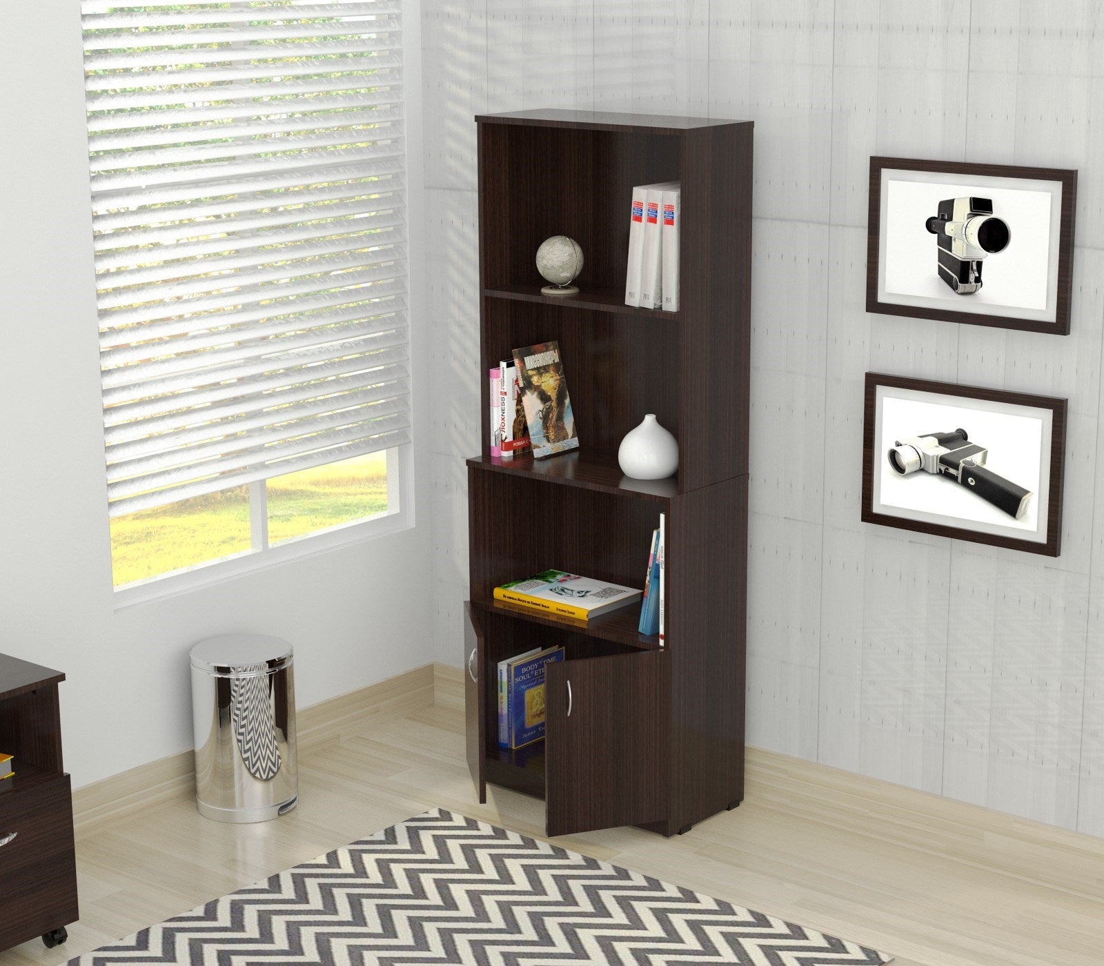 63" Espresso Melamine and Engineered Wood Bookcase with a Storage Area