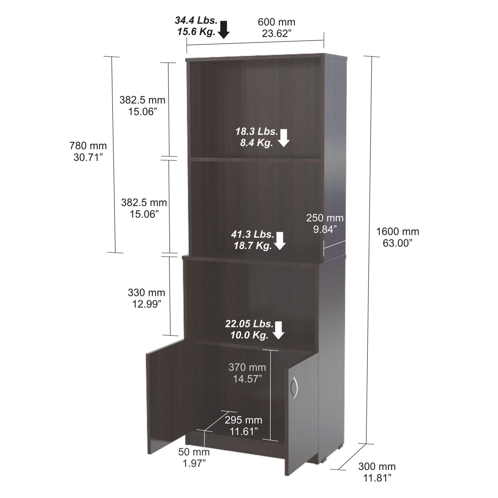 63" Espresso Melamine and Engineered Wood Bookcase with a Storage Area