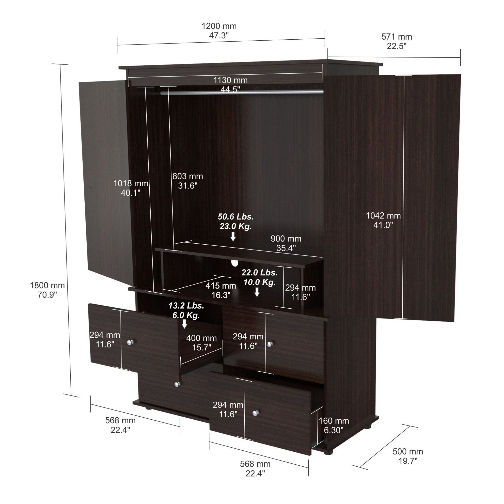 70.9" Espresso Solid Composite Wood Dresser with 2 Doors and 4 Drawers