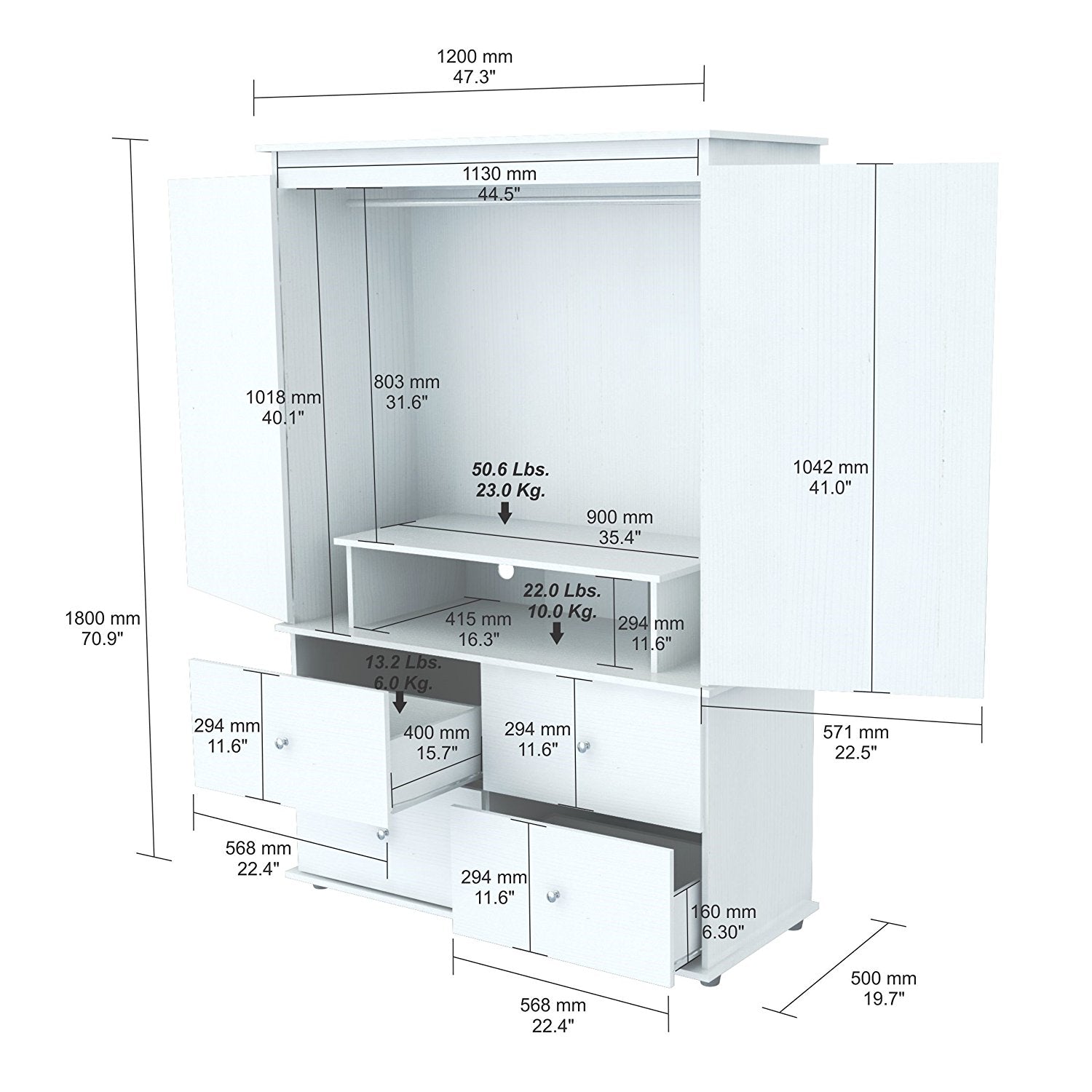 70.9" White Solid Composite Wood Dresser with 2 Doors and 4 Drawers