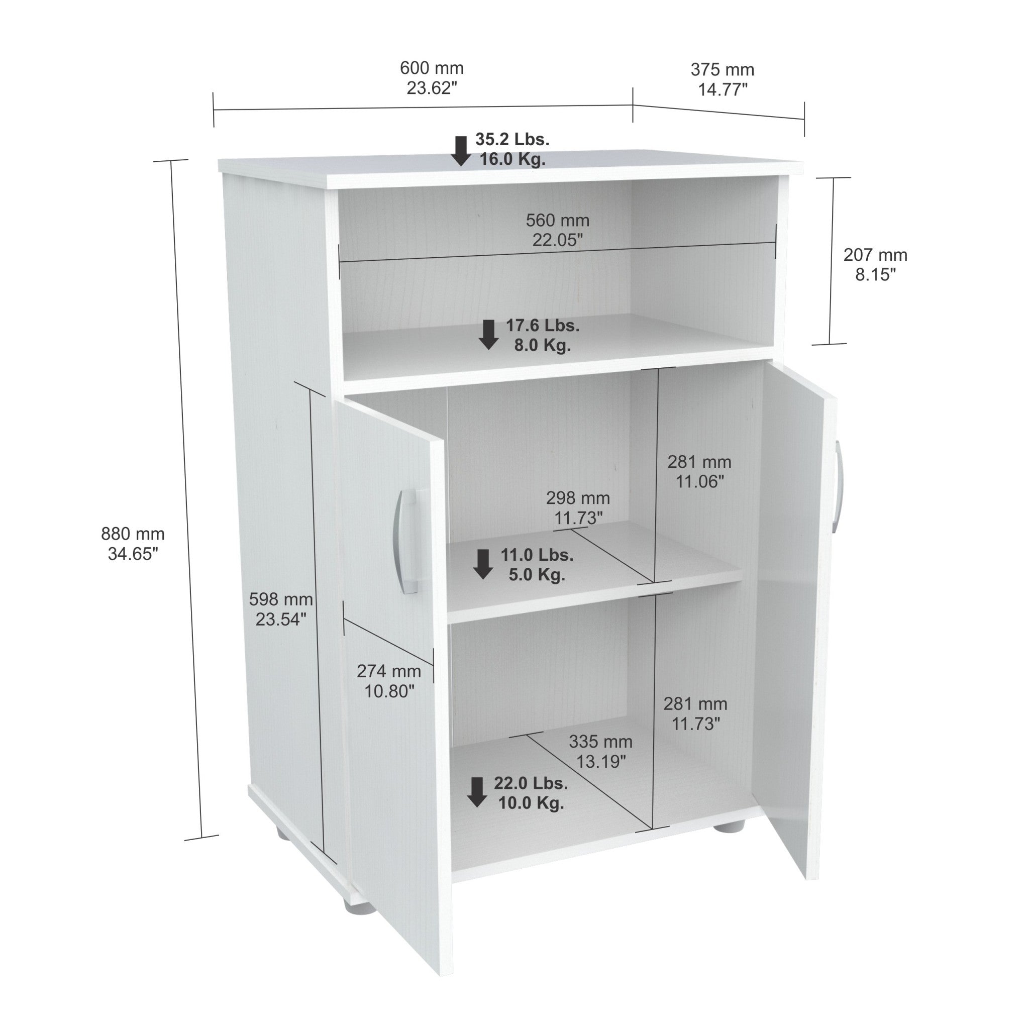 34.7" White Melamine and Engineered Wood Microwave Cabinet