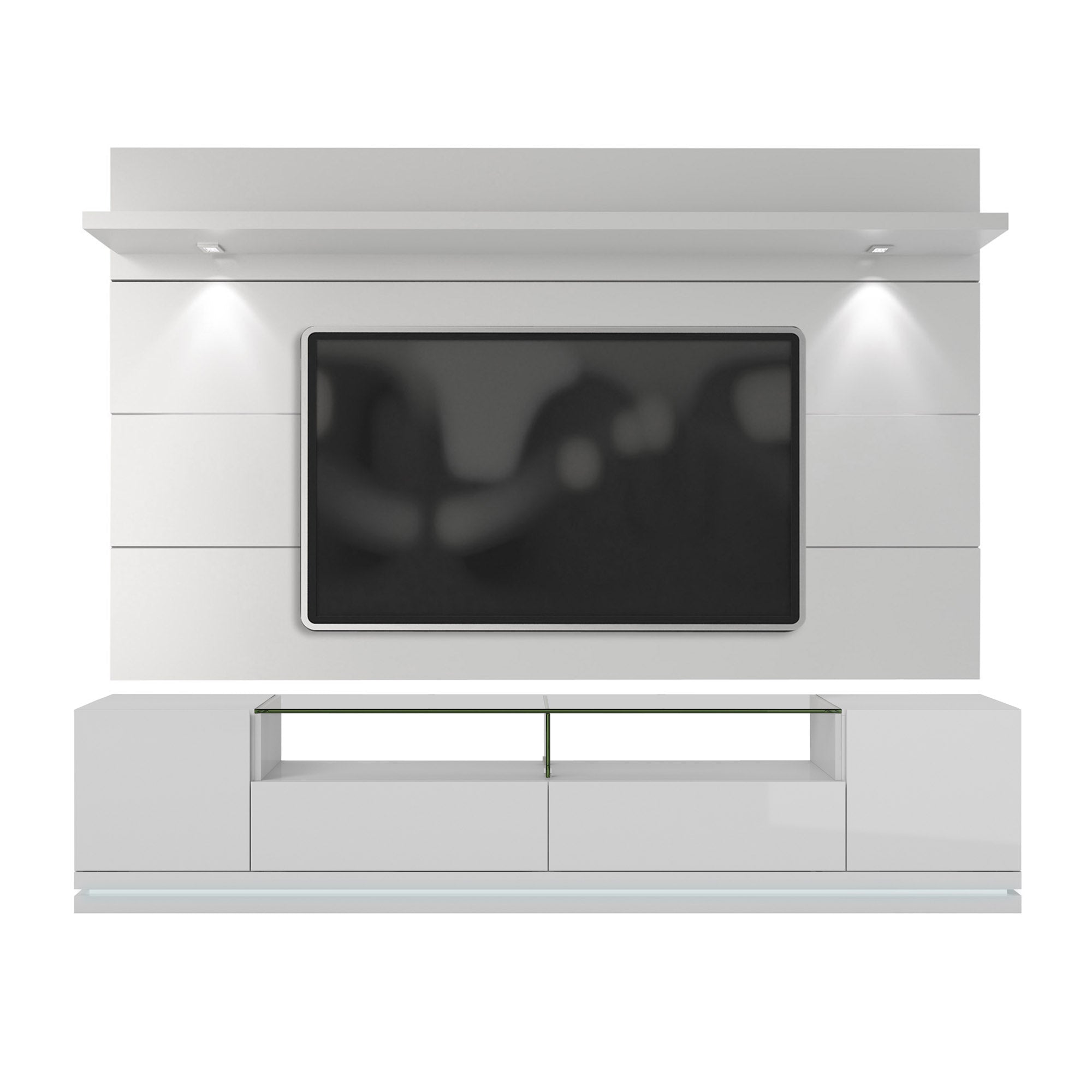 White Gloss TV Stand and Floating Wall TV Panel with LED Lights