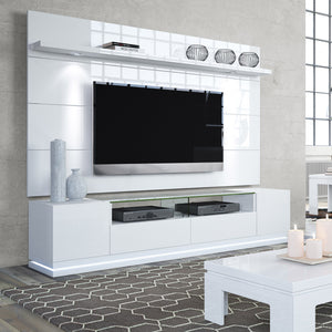 White Gloss TV Stand and Floating Wall TV Panel with LED Lights