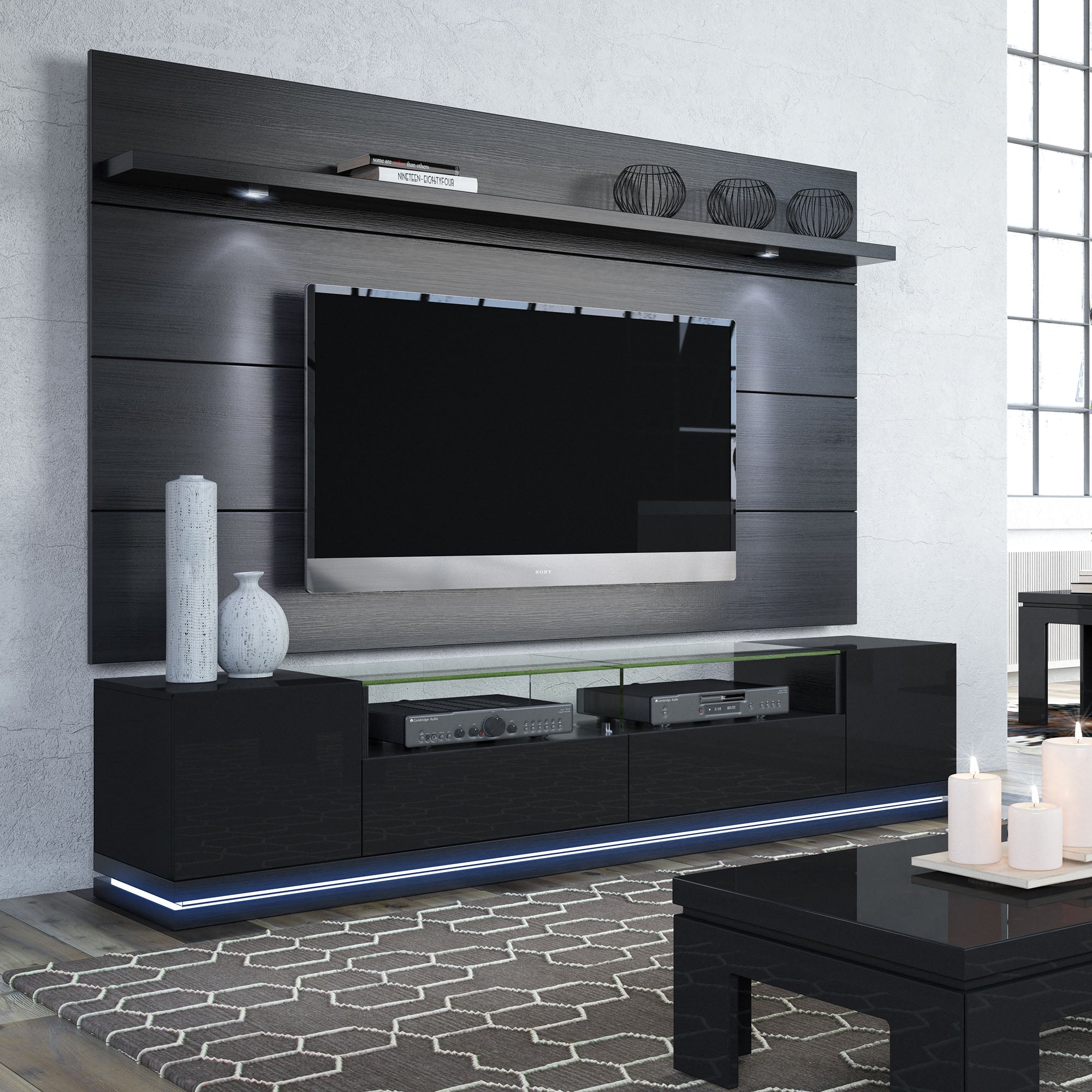 Black Gloss TV Stand and Floating Wall TV Panel with LED Lights