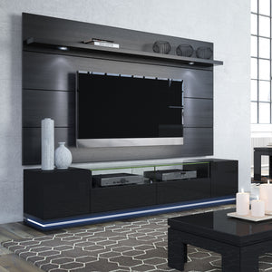 Black Gloss TV Stand and Floating Wall TV Panel with LED Lights