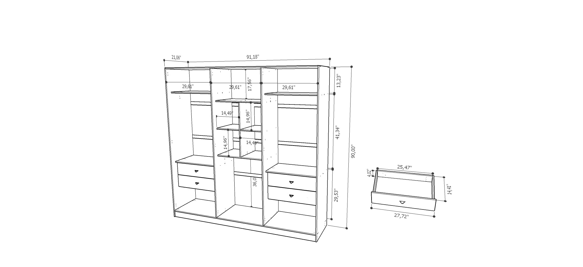 91" Maple Cream and Off White 3 Sectional Wardrobe with 4 Drawers and 6 Doors