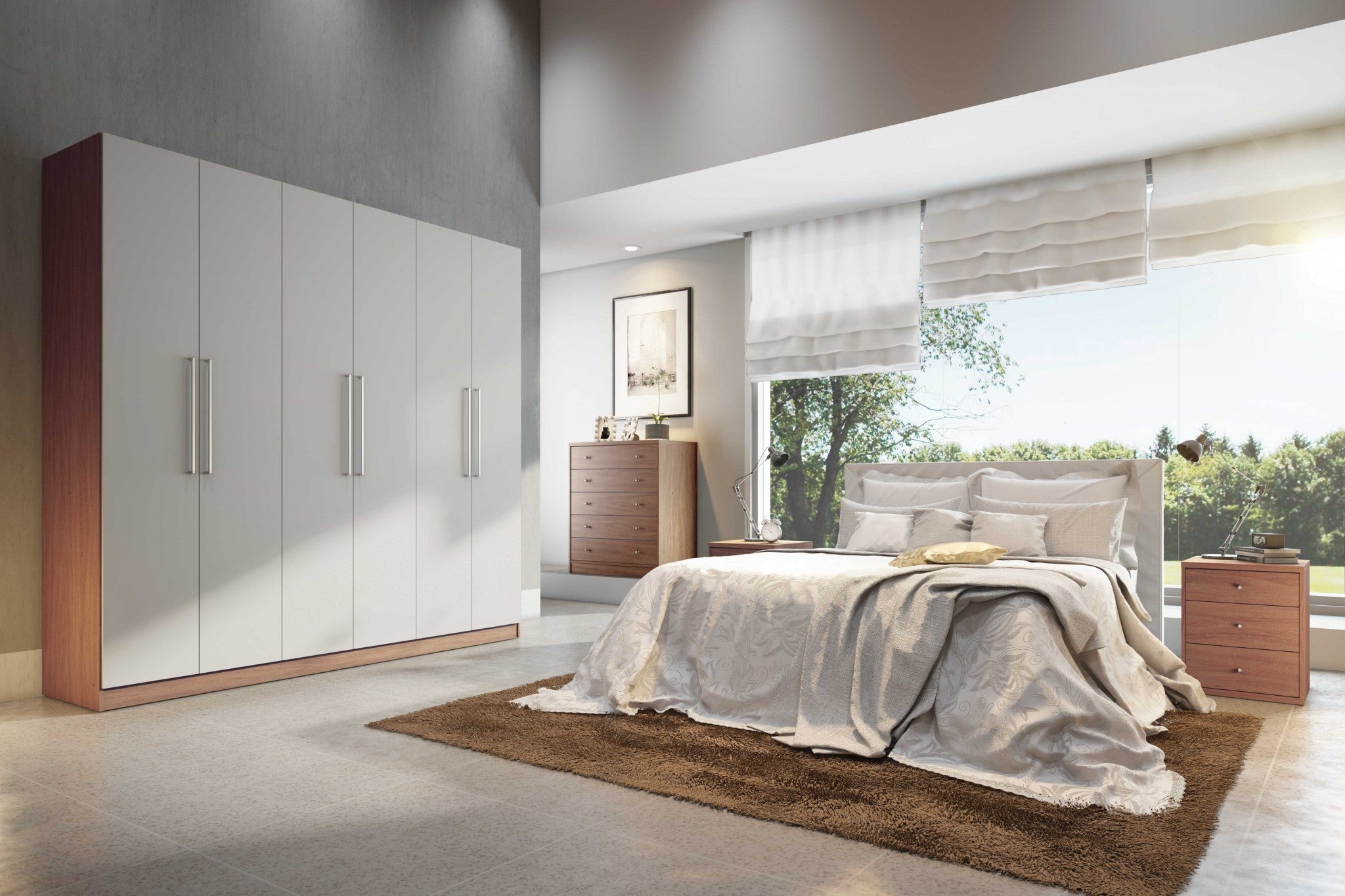 91" Maple Cream and Off White 3 Sectional Wardrobe with 4 Drawers and 6 Doors