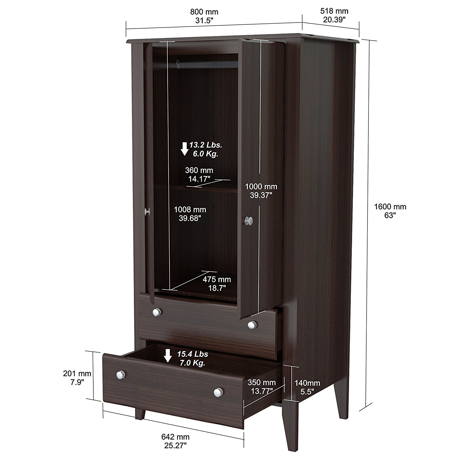 63" Espresso Melamine and Engineered Wood Wardrobe with 2 Doors and 2 Drawers