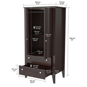 63" Espresso Melamine and Engineered Wood Wardrobe with 2 Doors and 2 Drawers