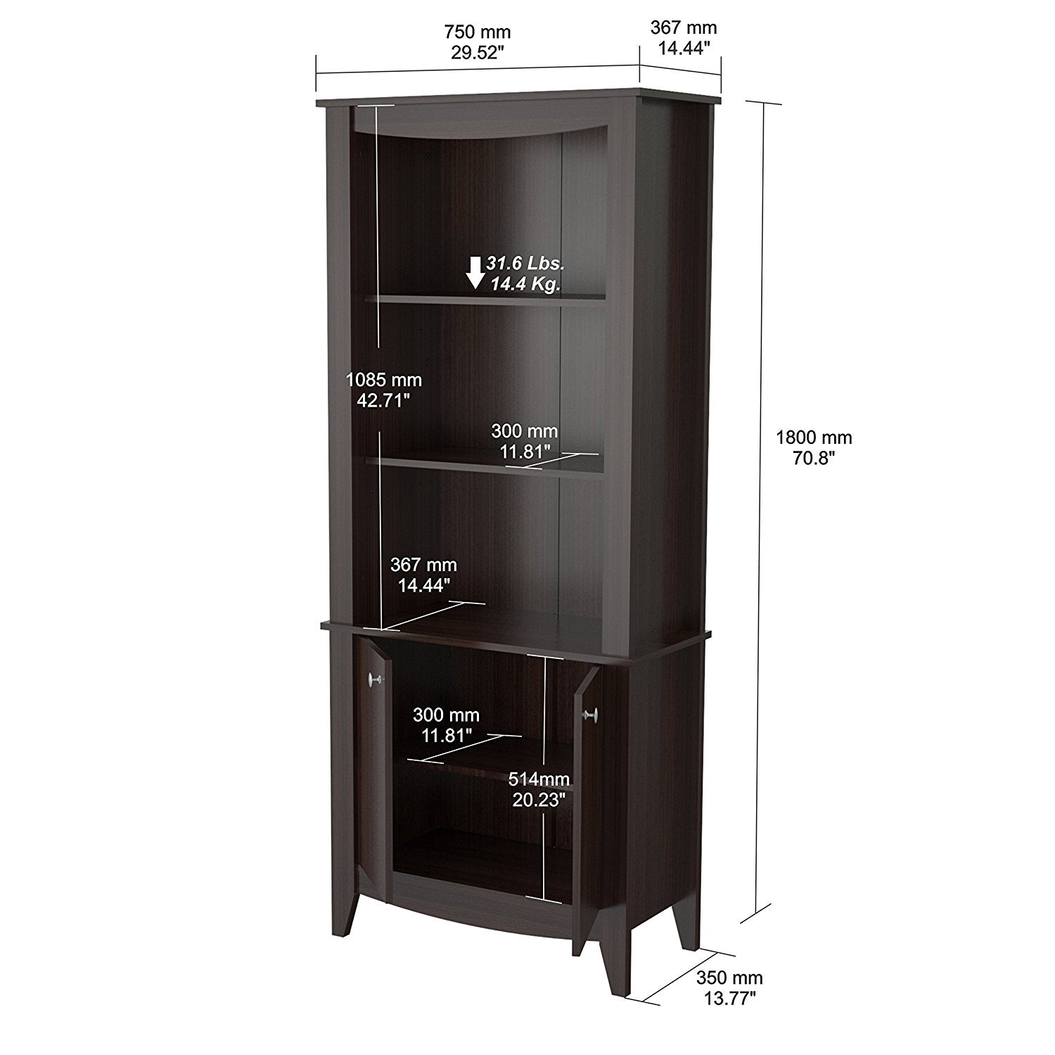 70.9" Classic Espresso Melamine and Engineered Wood Bookcase