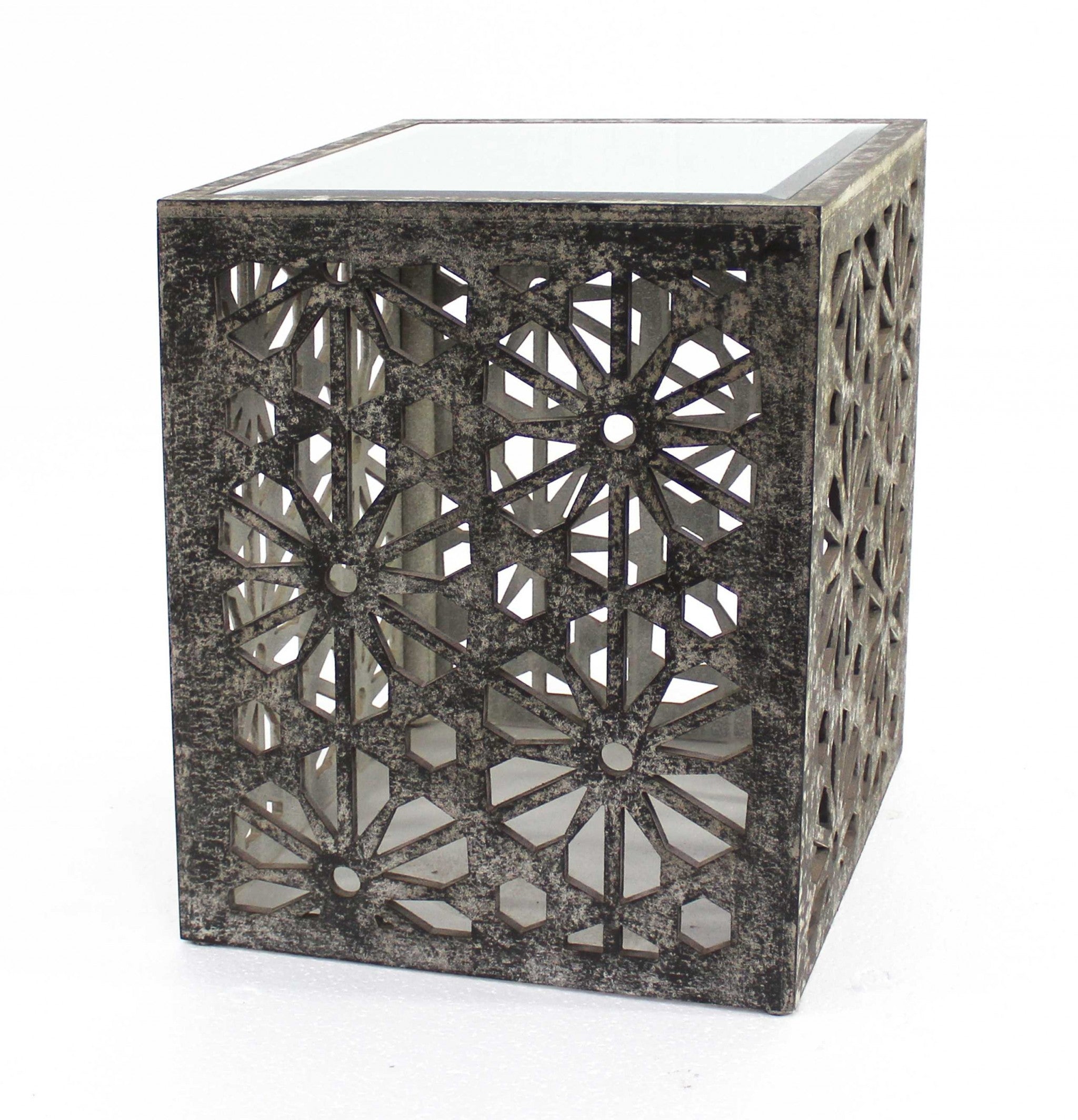 Gray Floral Wood and Mirror - End Side Table