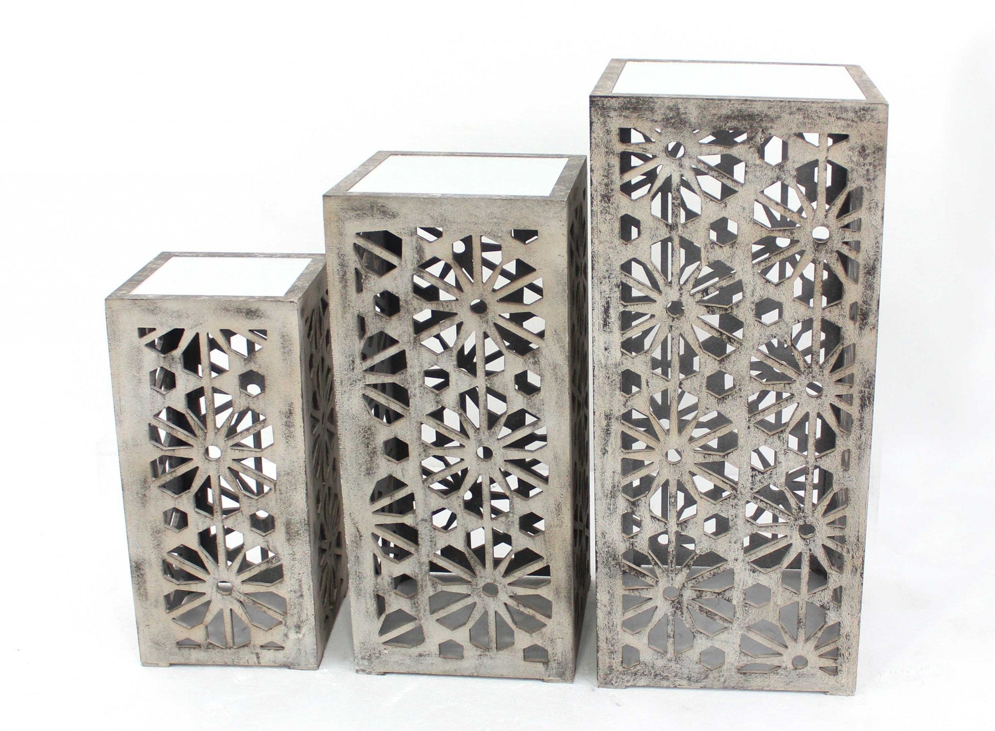 37" x 15.5" x 15.5" Gray, Floral, Mirrored - Nesting Table 3 Piece Set