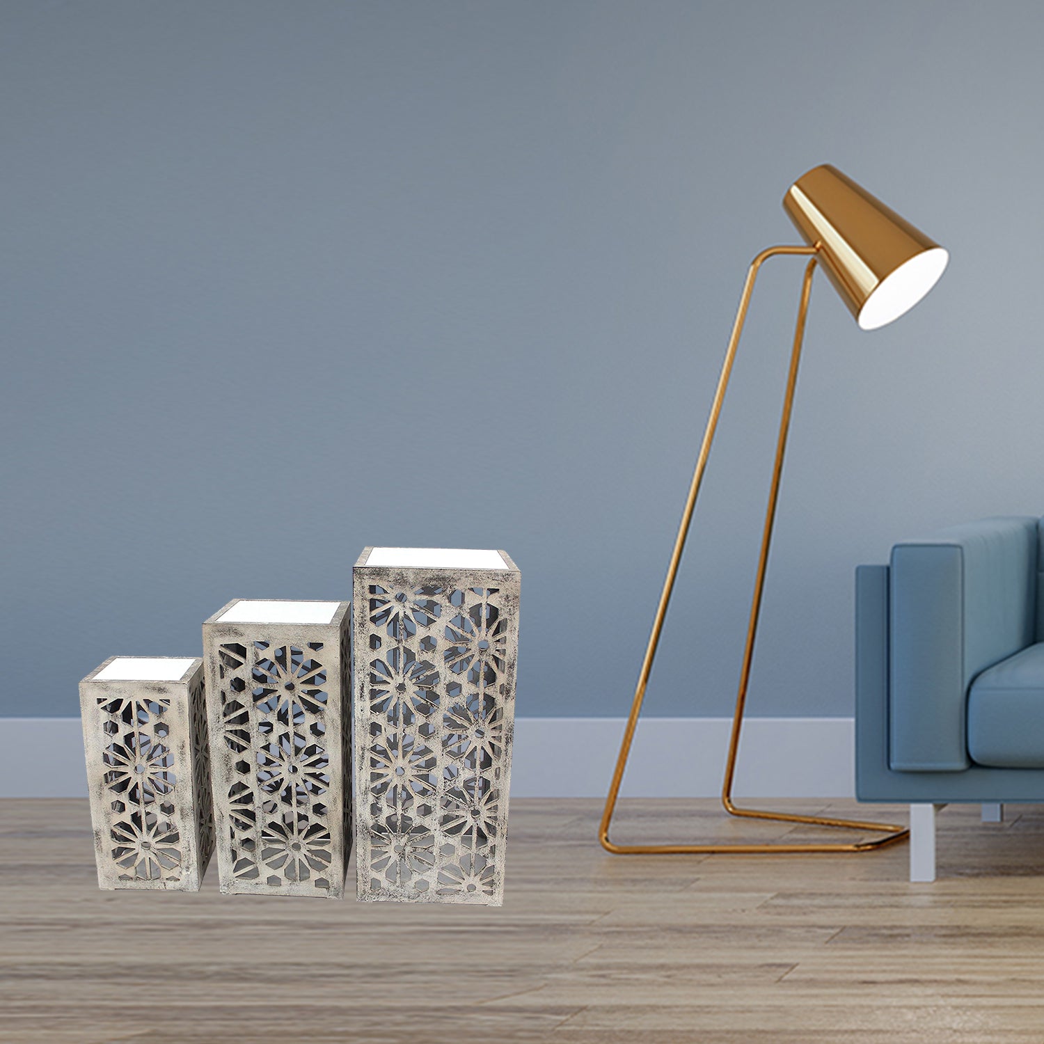 37" x 15.5" x 15.5" Gray, Floral, Mirrored - Nesting Table 3 Piece Set