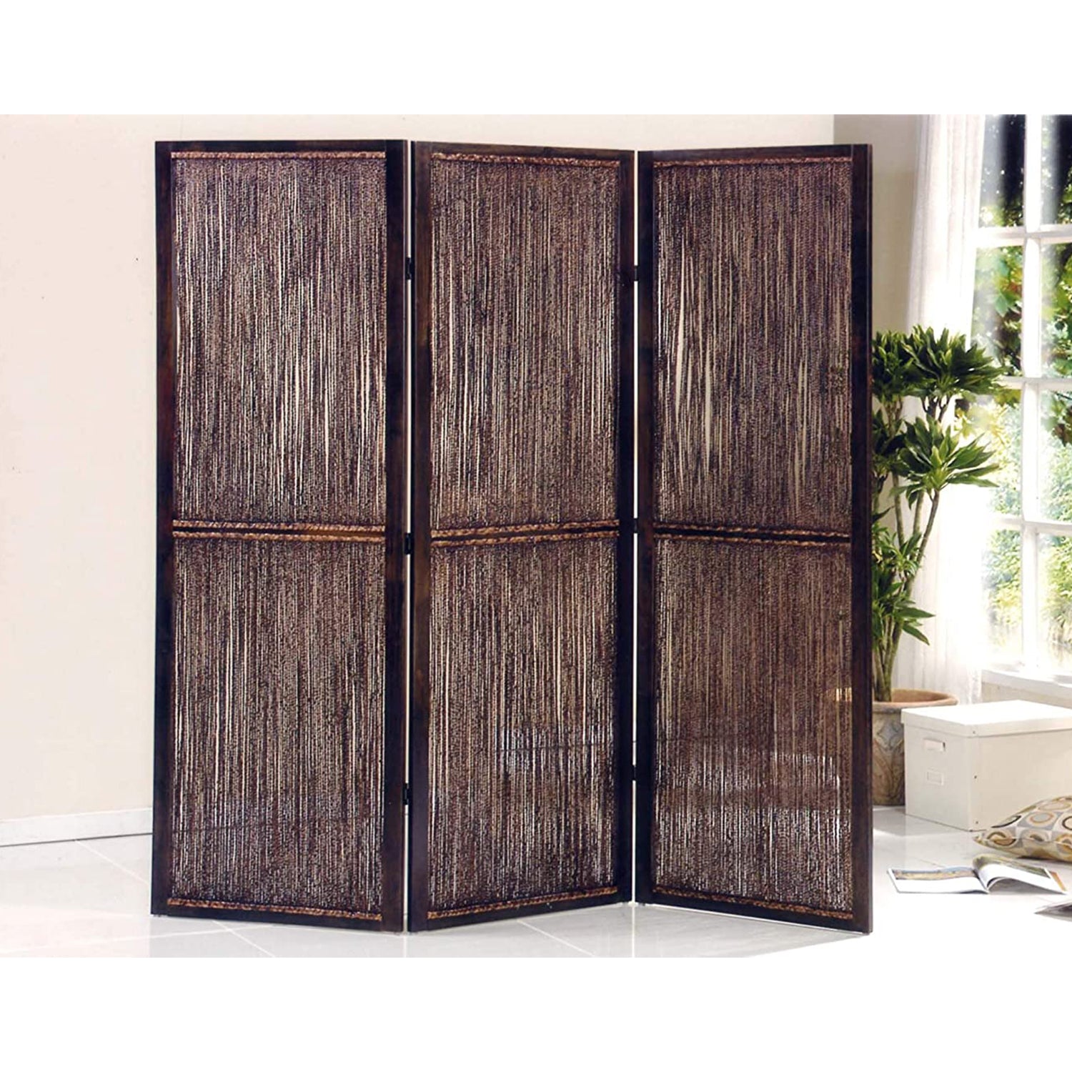 Dark Wood and Water Hyacinth 3 Panel Room Divider Screen