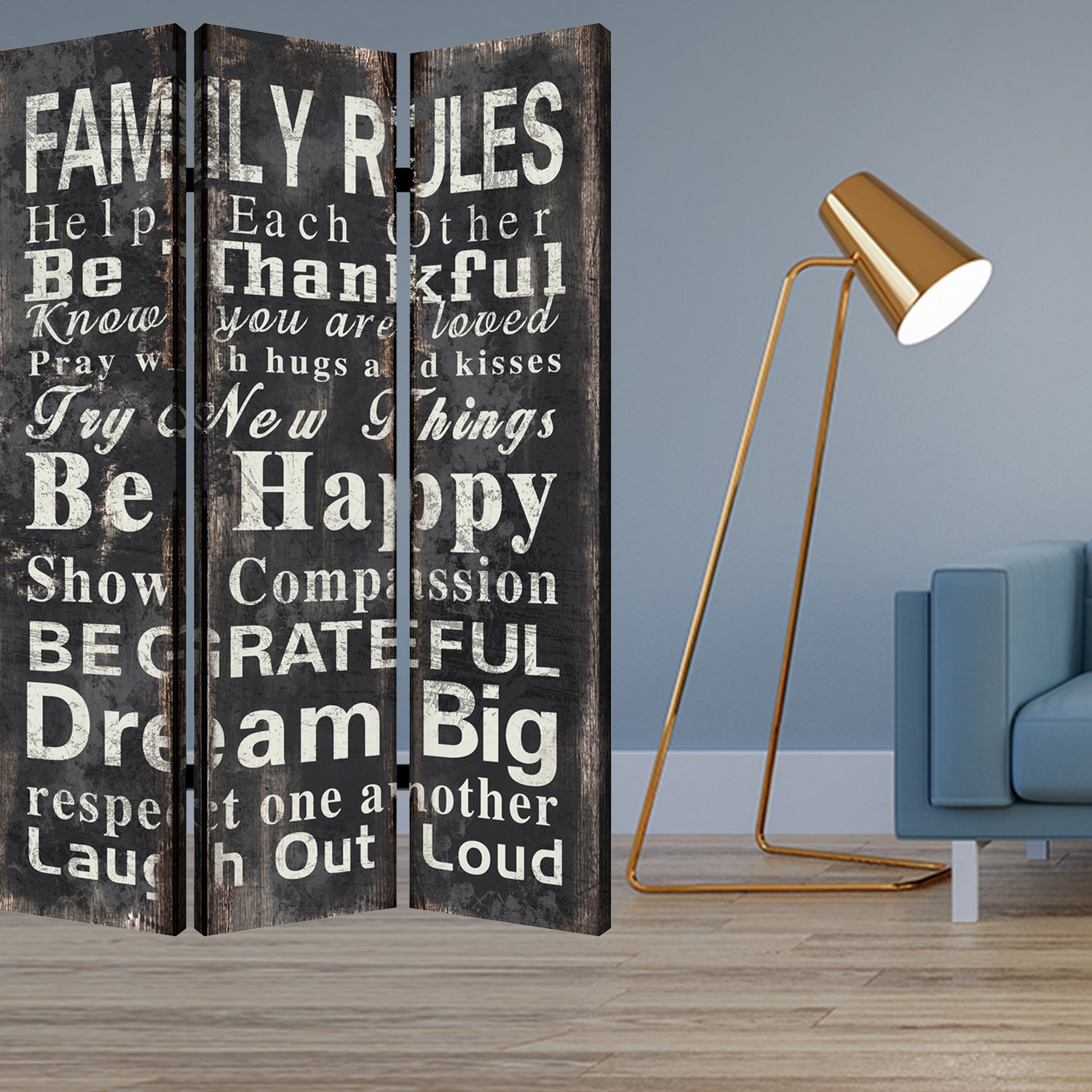 1" x 48" x 72" Multi Color Wood Canvas Family Rule  Screen