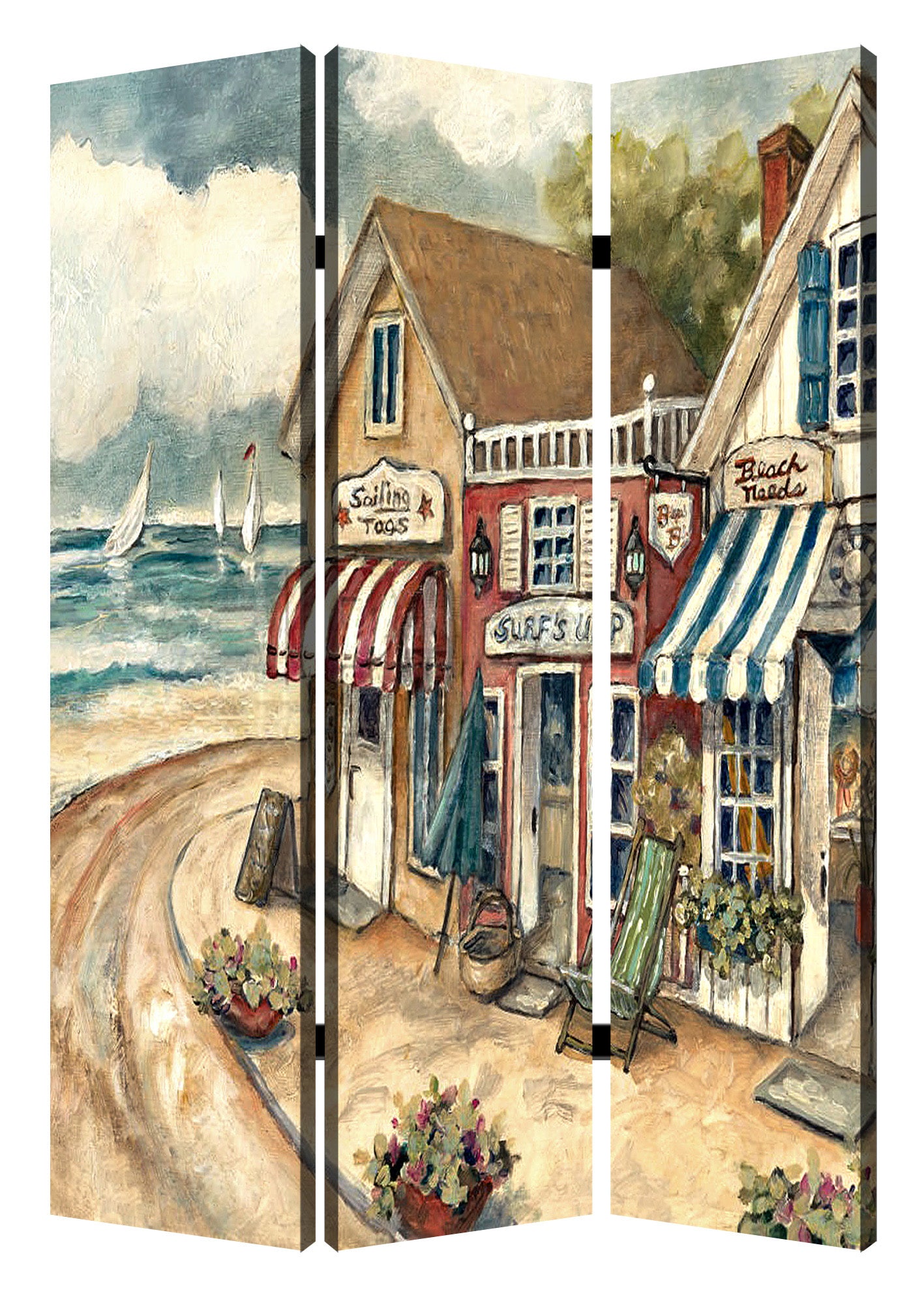 1" x 48" x 72" Multi Color Wood Canvas Seaside Town Slate  Screen