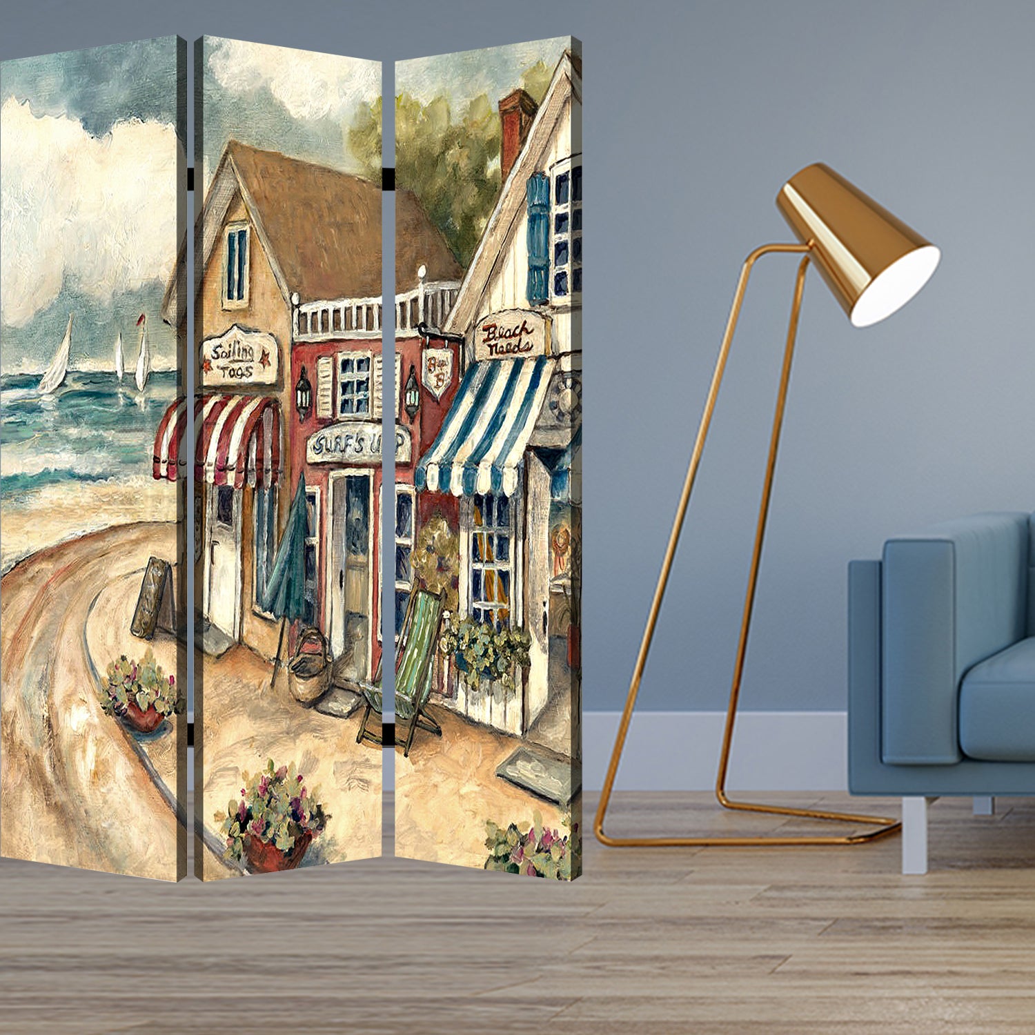 1" x 48" x 72" Multi Color Wood Canvas Seaside Town Slate  Screen