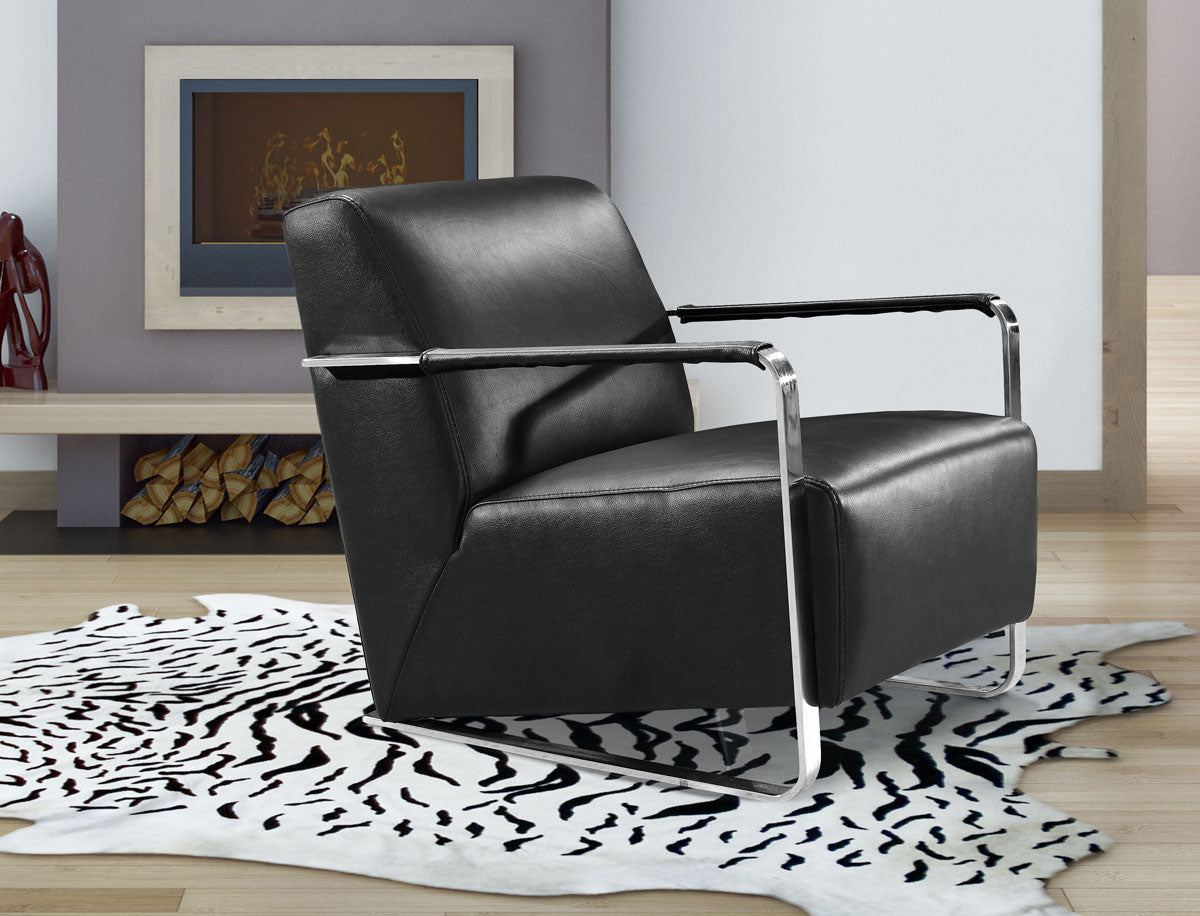 28" Black Leather  Foam  and Stainless Steel Lounge Chair