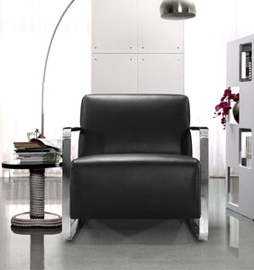 28" Black Leather  Foam  and Stainless Steel Lounge Chair
