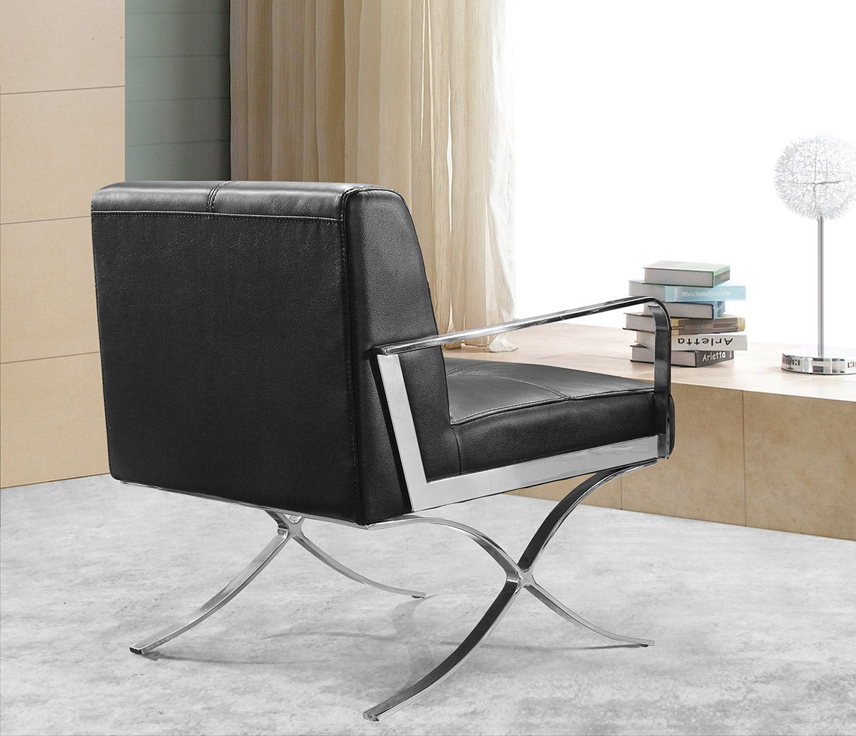 31" Black Leather and Steel Lounge Chair