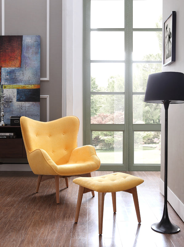 38" Yellow Fabric and Wood Tufted Chair and Ottoman