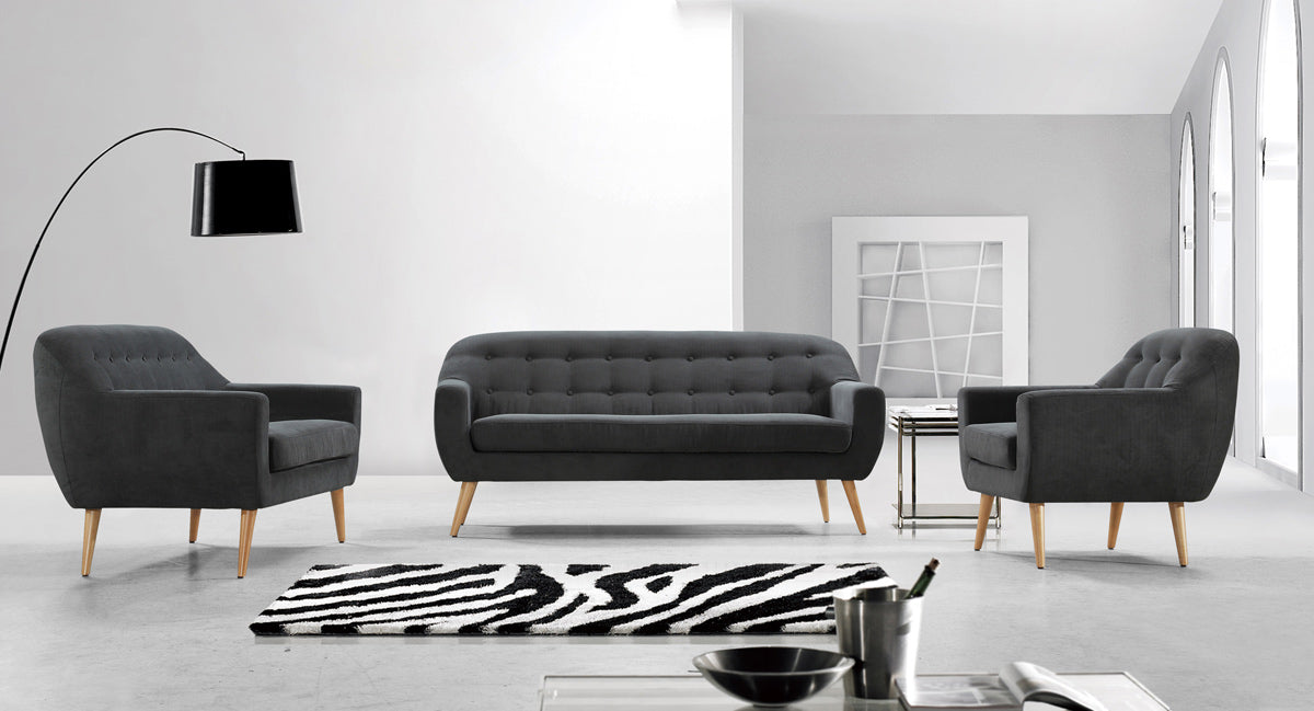 34" Grey Fabric  Foam  and Wood Sofa Set