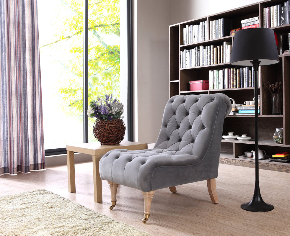36" Grey Foam  Wood  and Velour Tufted Accent Chair