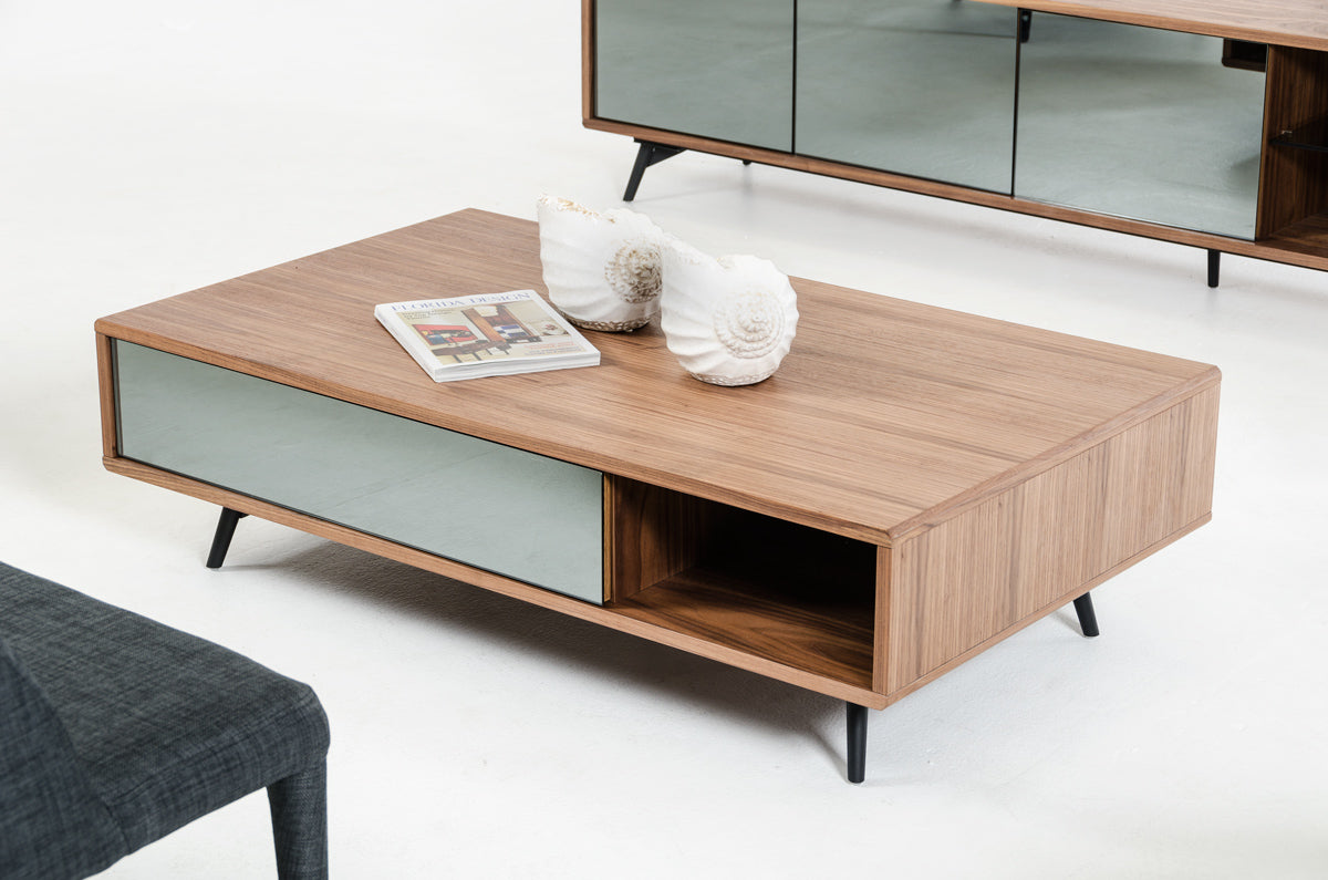 13" Walnut Veneer  Metal  and Glass Coffee Table