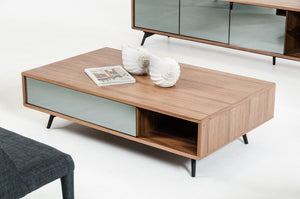 13" Walnut Veneer  Metal  and Glass Coffee Table