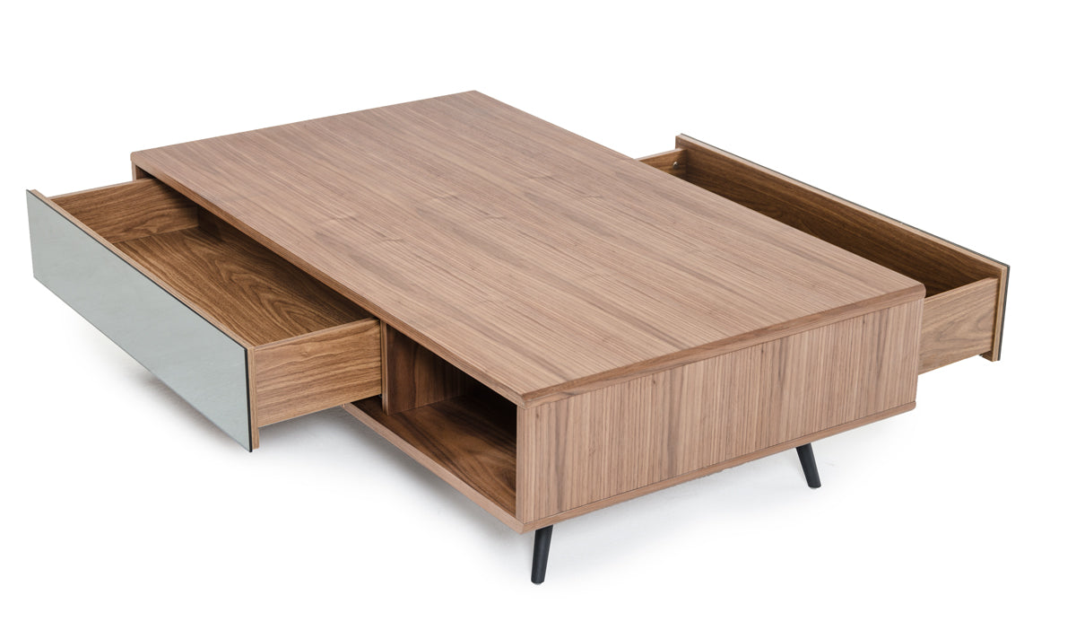 13" Walnut Veneer  Metal  and Glass Coffee Table