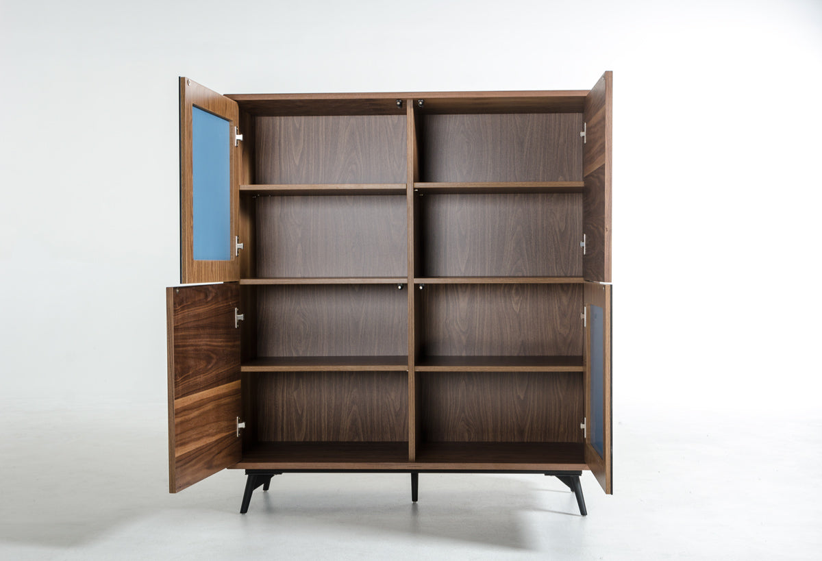 49" Walnut Veneer  Glass  and Metal Square Buffet