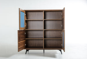49" Walnut Veneer  Glass  and Metal Square Buffet