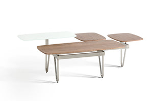 16" Walnut Veneer  Metal  and Glass Coffee Table