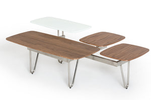 16" Walnut Veneer  Metal  and Glass Coffee Table