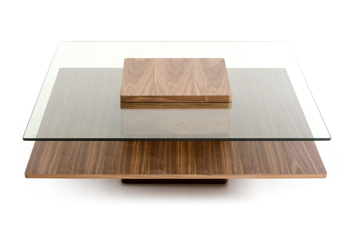 14" Walnut Veneer and Glass Coffee Table