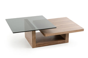 14" Walnut Veneer and Smoked Glass Coffee Table