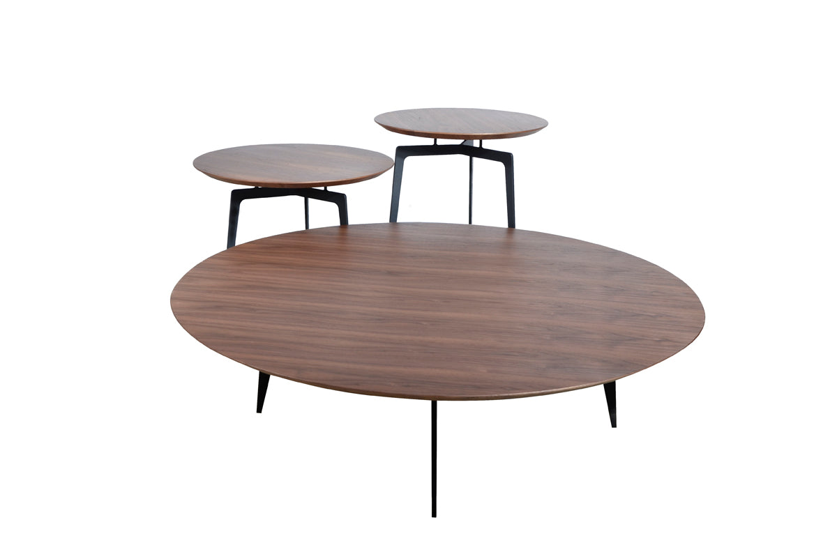 11" Walnut Veneer and Metal Coffee Table Set