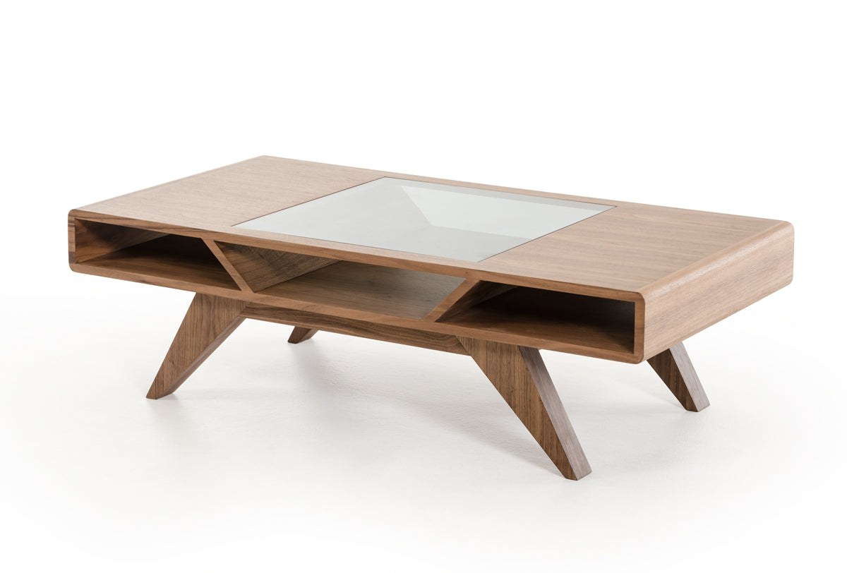 15" Walnut Wood  Veneer  and Glass Coffee Table
